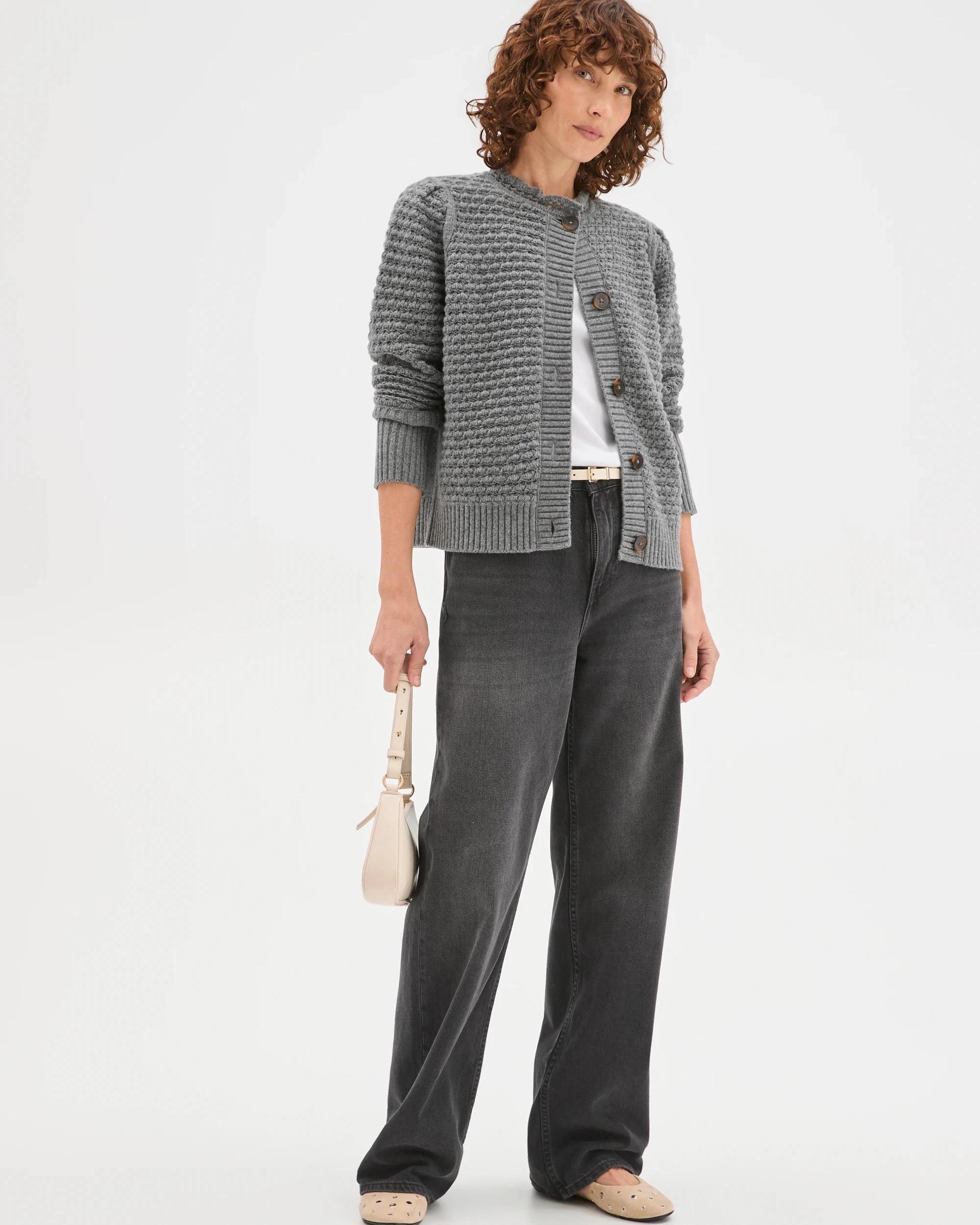 2 Target Woman Basket Stitch Ruffle Neck Cardigan CHARCOAL MARLE, 2 of 7