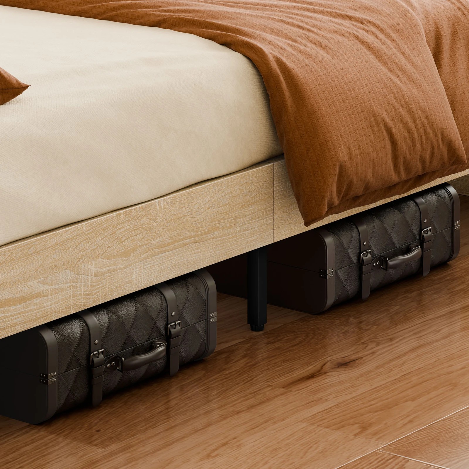 8 Alfordson Wooden Bed Frame Double Size Base with Bookshelf Storage Headboard - Oak, 8 of 10