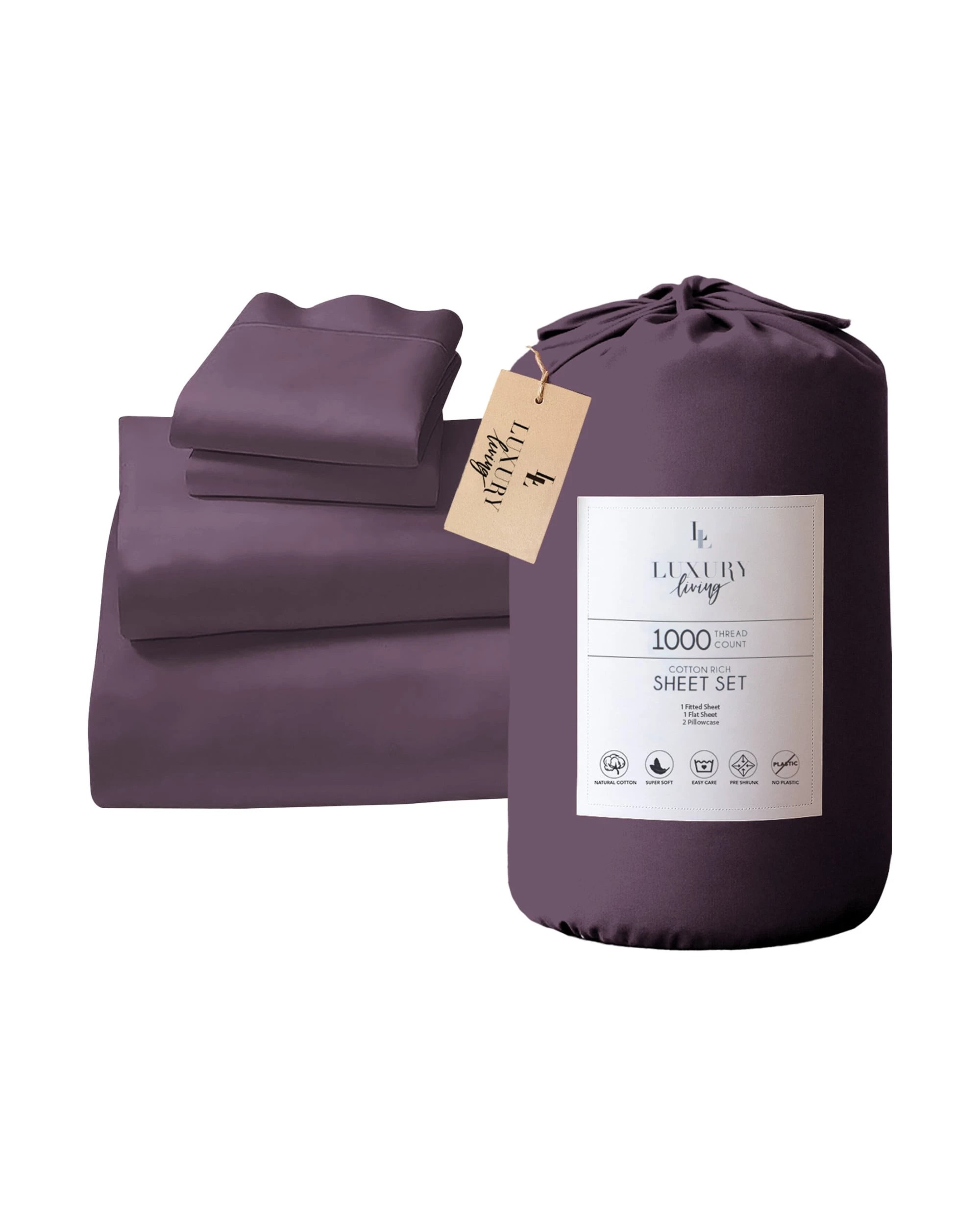 1 Laura Hill Queen Size Bed Sheet Set 4pc 1000tc Luxury Living Cotton Rich Gift Pack Lilac - Queen Bed - Purple, 1 of 4