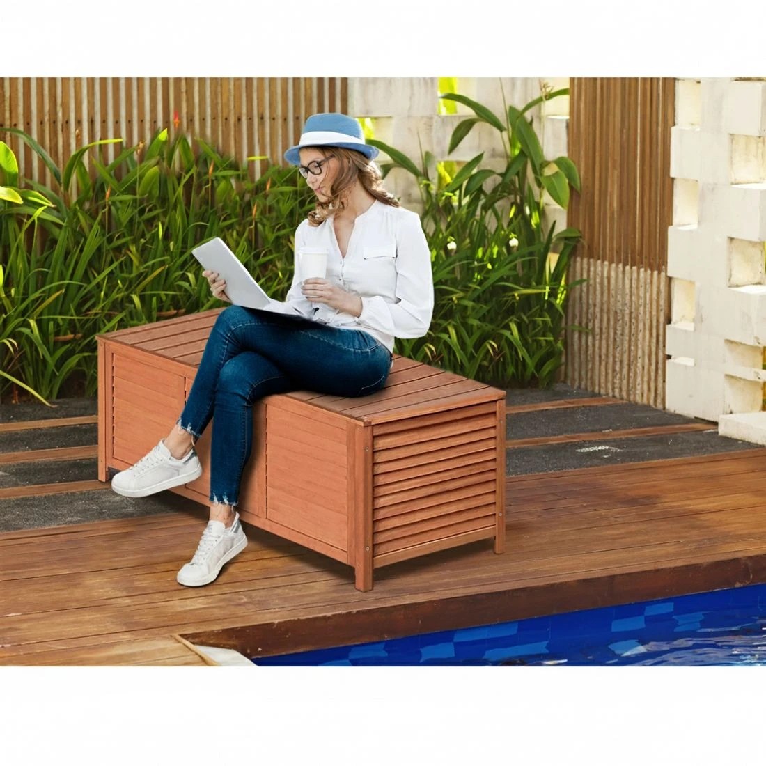 4 Gardeon Outdoor Storage Bench Box 210L Wooden Patio Furniture Garden Chair - Brown, 4 of 7