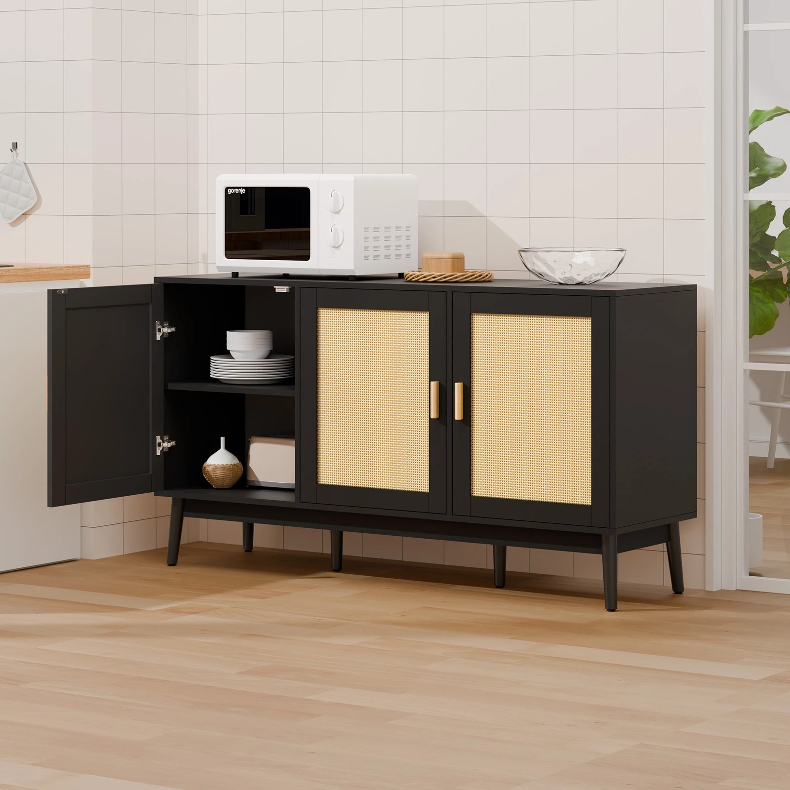 3 Alfordson Buffet Sideboard 3 Doors Cupboard Cabinet Storage Rattan Pantry - Black, 3 of 9