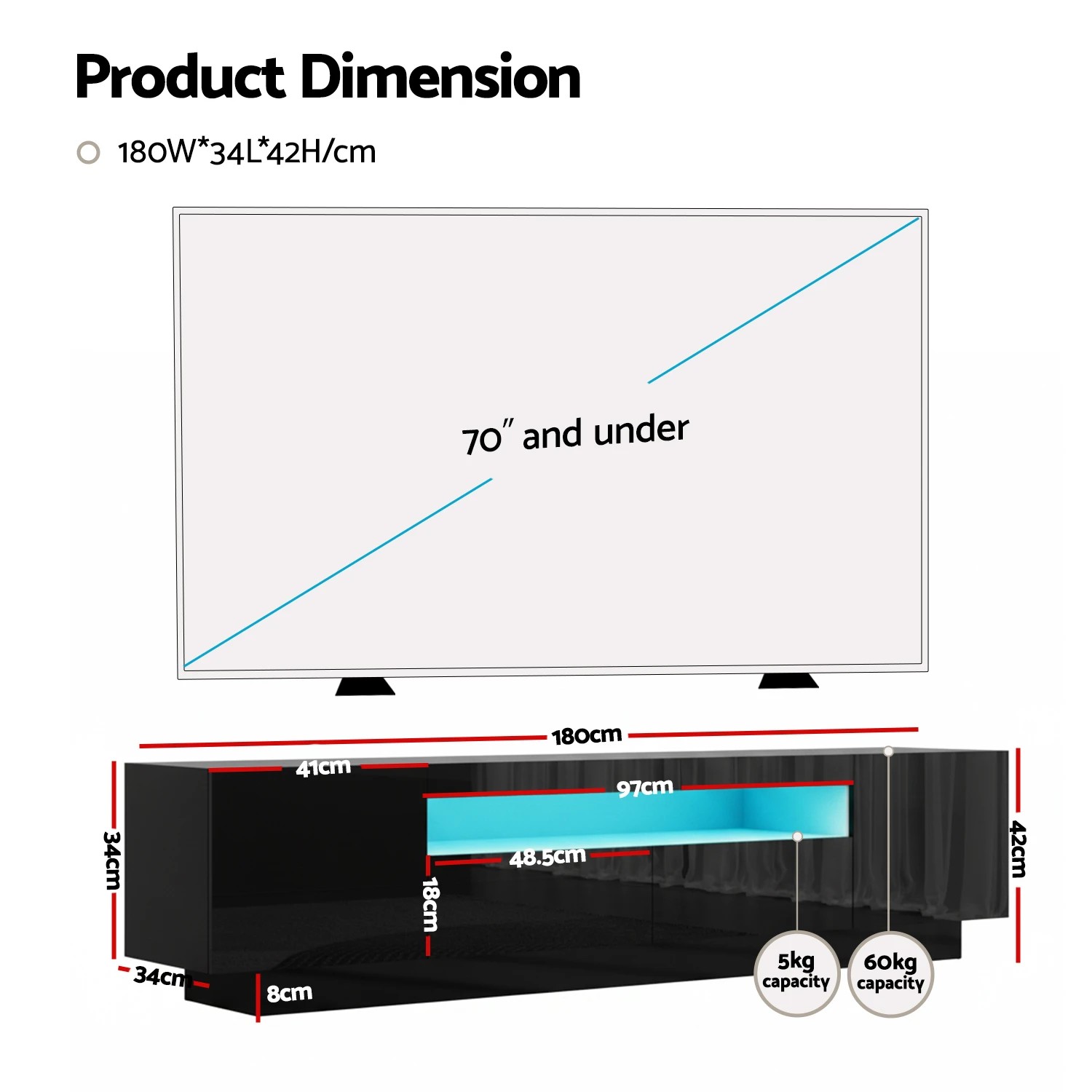 4 Artiss TV Unit Entertainment Unit Storage Drawer RGB LED 180cm - Black, 4 of 9