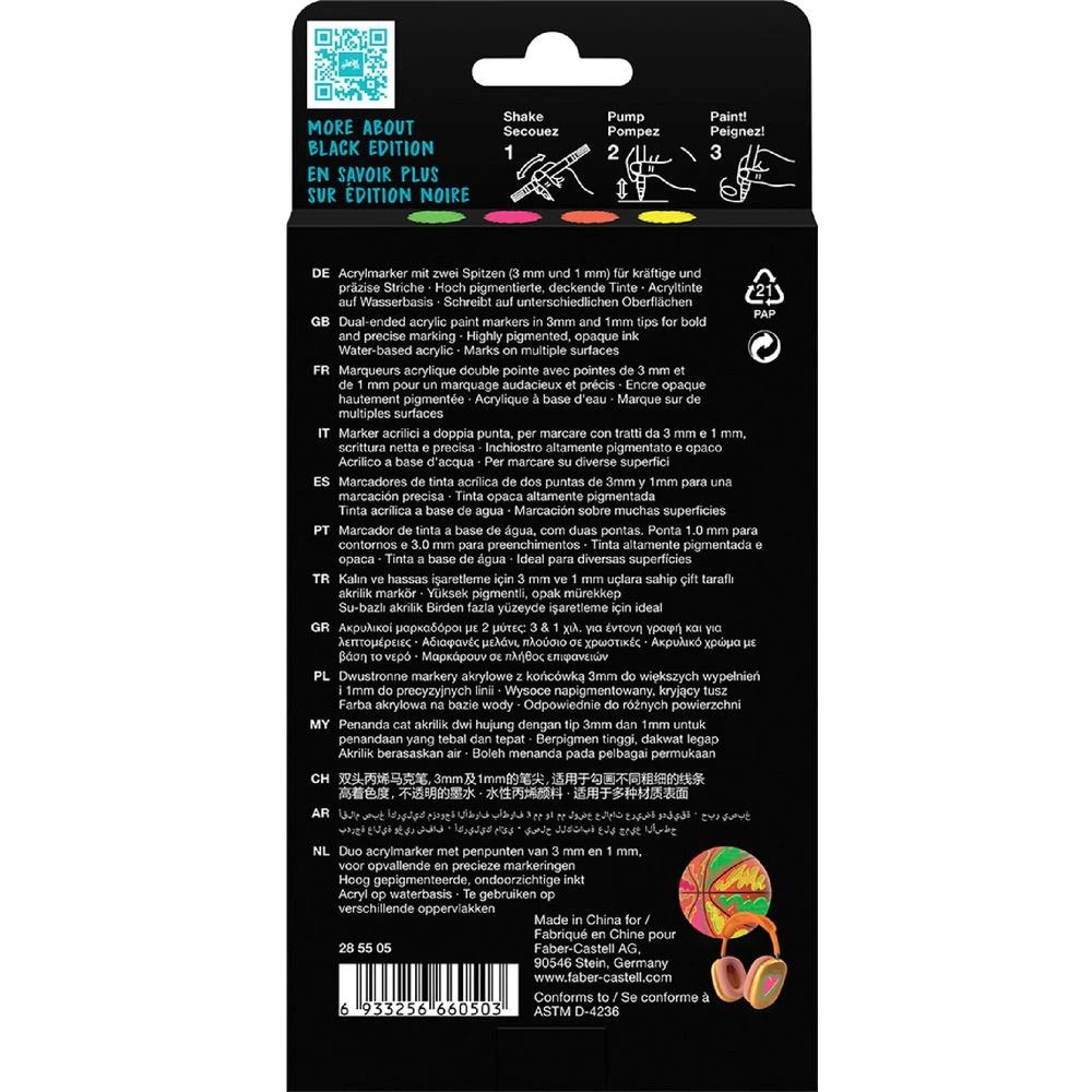 4 Faber-Castell Black Ed. Acrylic Shake/Paint Markers Neon 4 Pk, 4 of 4