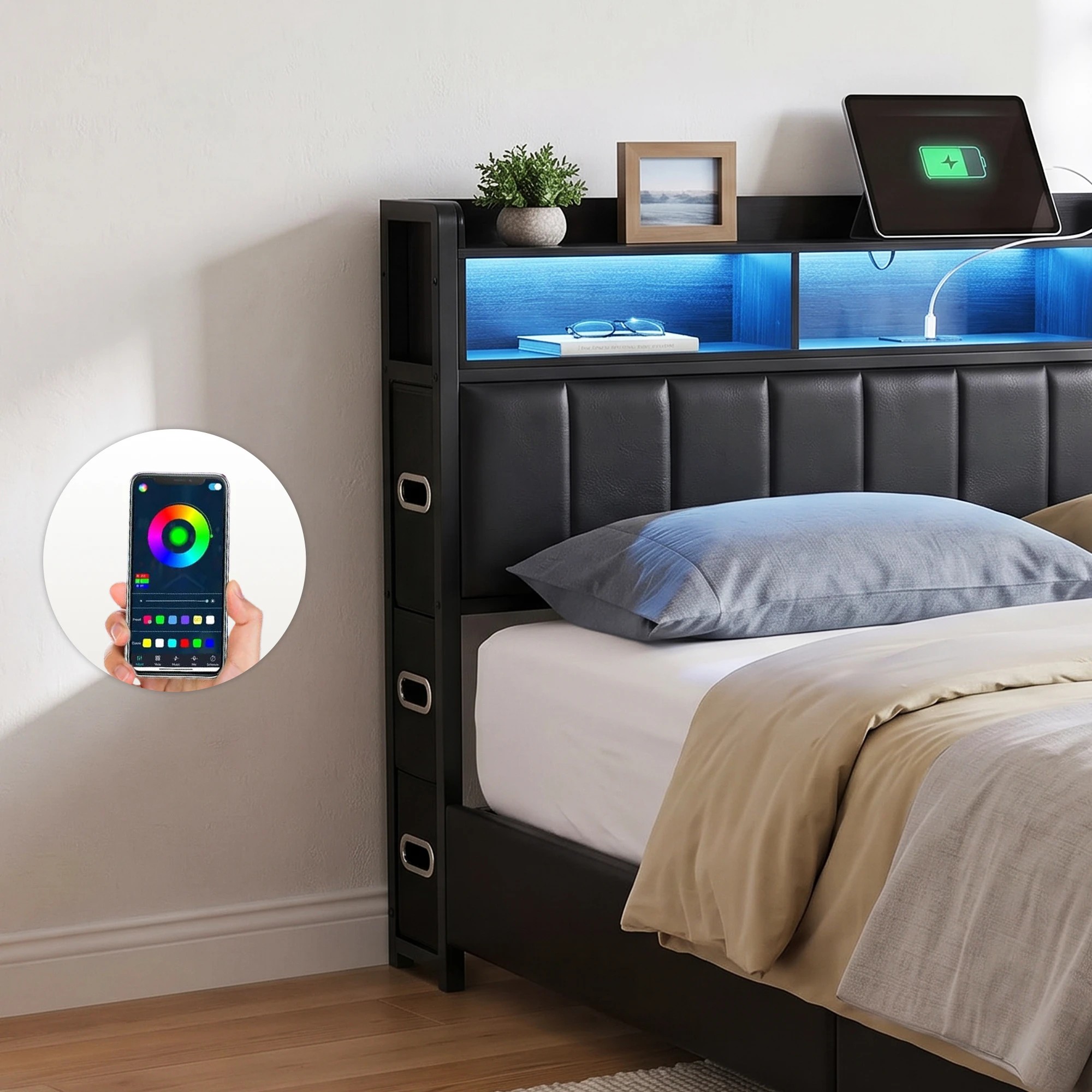 7 Artiss Bed Frame with Storage Headboard, 2 Drawers Charging Station LED Light - King Bed - Black, 7 of 10
