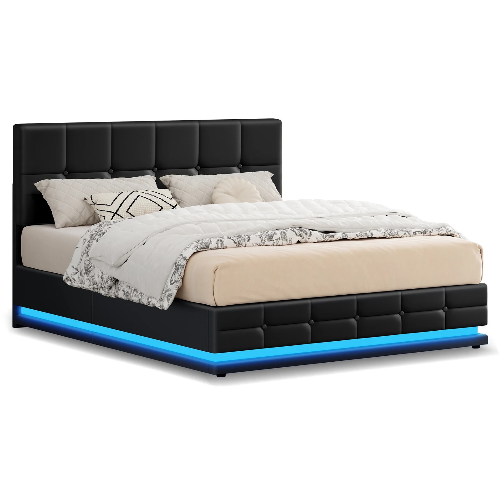 1 Alfordson Bed Frame King Size Platform RGB LED Gas Lift Base Storage - Black, 1 of 10