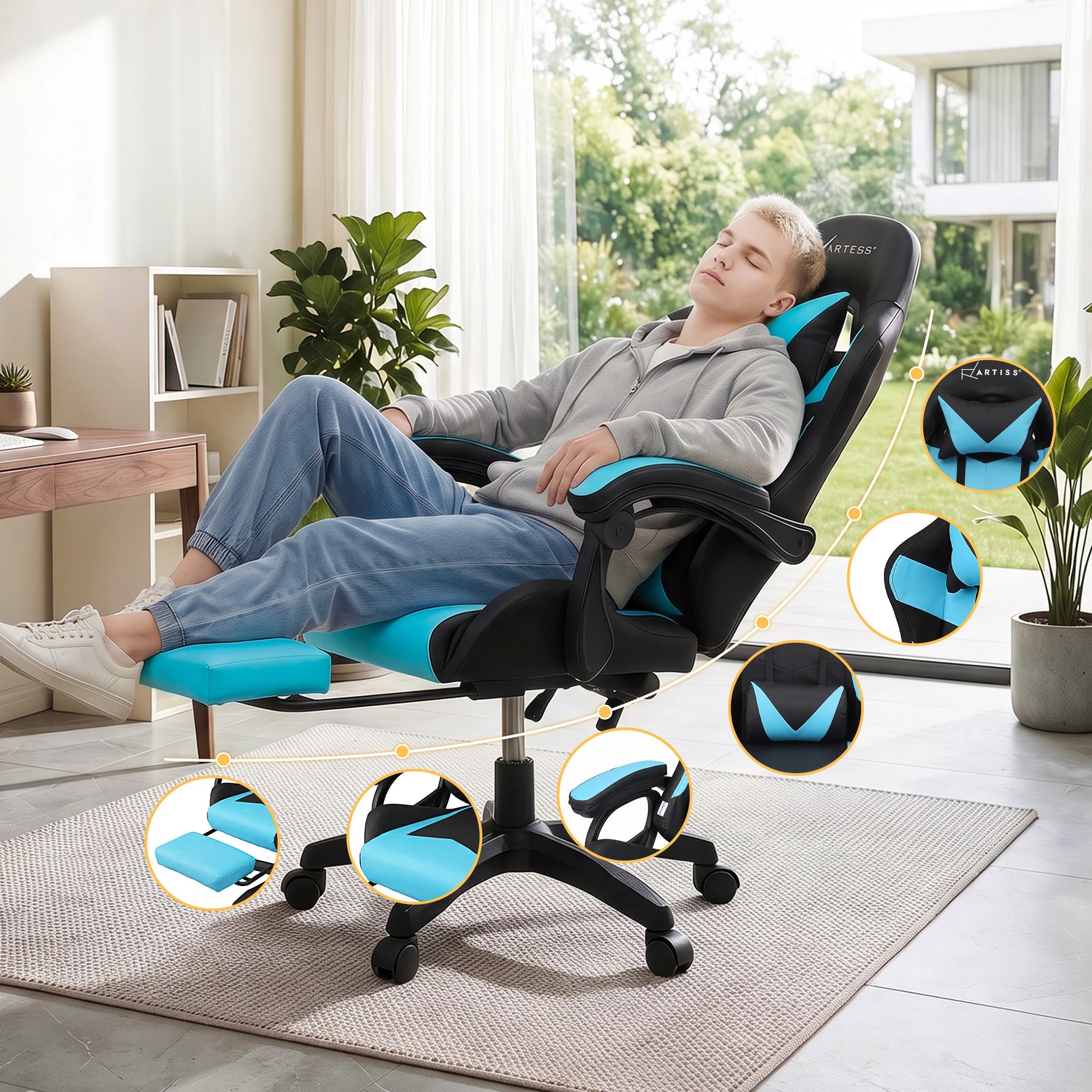 6 Artiss Gaming Office Chair with 8 Point Message Reline Ergonomic- Black, 6 of 7