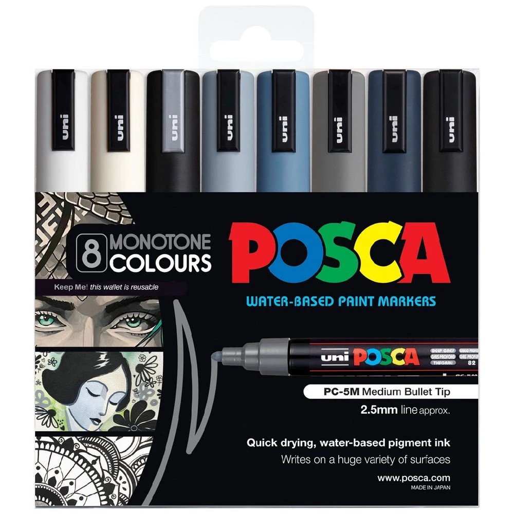 1 POSCA PC5M Paint Markers Monotones 8 Pack, 1 of 3