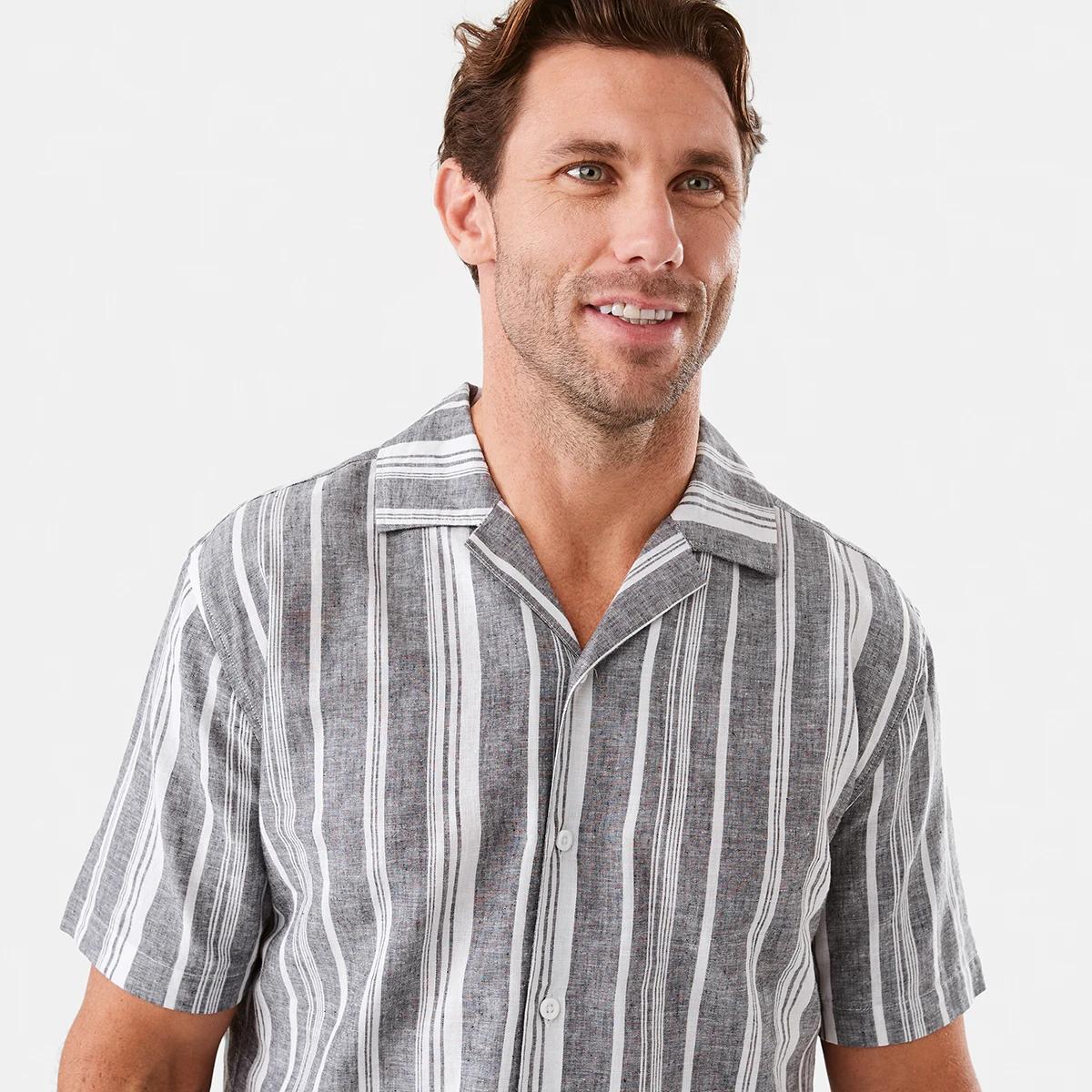 4 Short Sleeve Striped Linen Blend Shirt Blk Stripe, 4 of 6