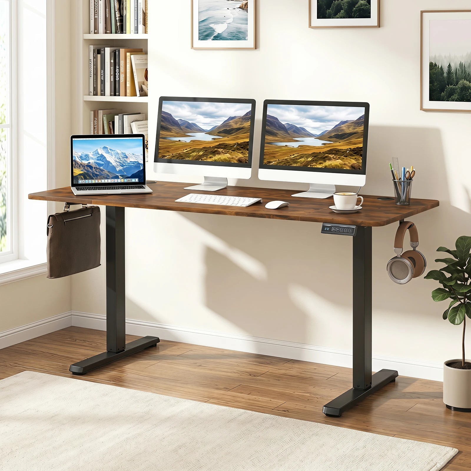 3 Costway 140 x 60cm Electric Standing Desk Adjustable Sit Stand Computer Desk - Brown, 3 of 6