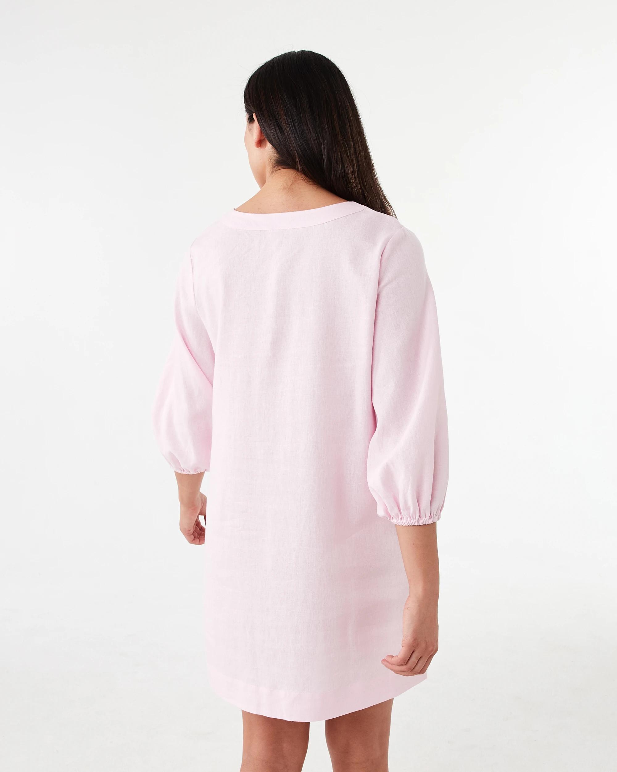 3 Long Sleeve Linen Blend V-Neck Mini Dress Bllet Pink, 3 of 7