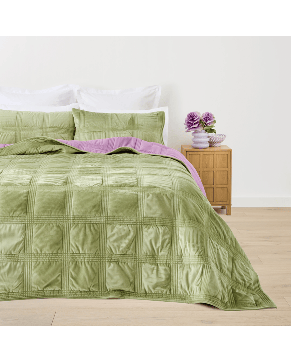 Velvet Reversible Coverlet Set - Queen/King Bed, Sage and Lilac