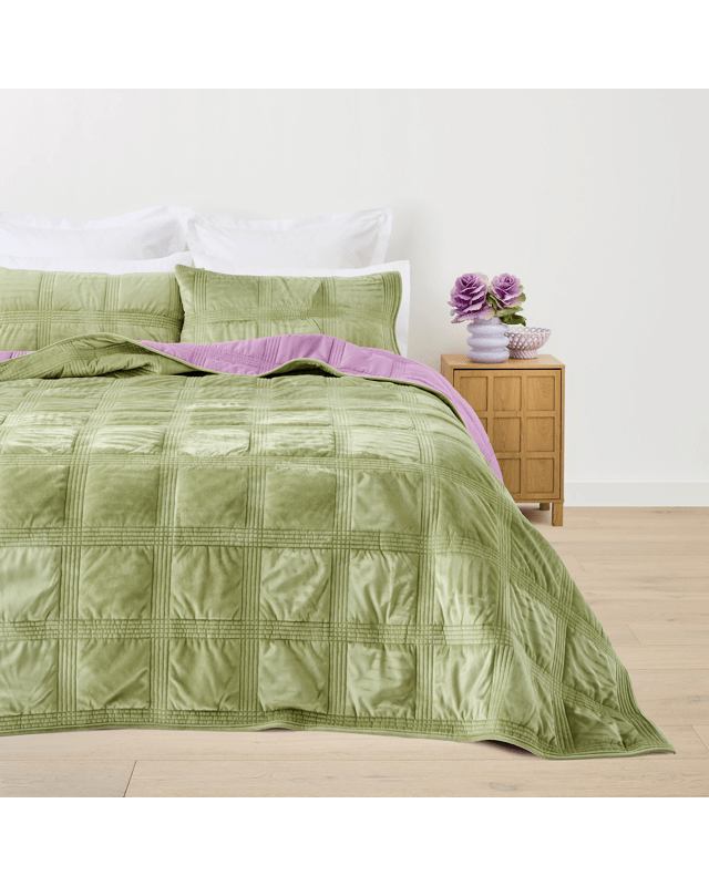 Velvet Reversible Coverlet Set - Queen/King Bed, Sage and L