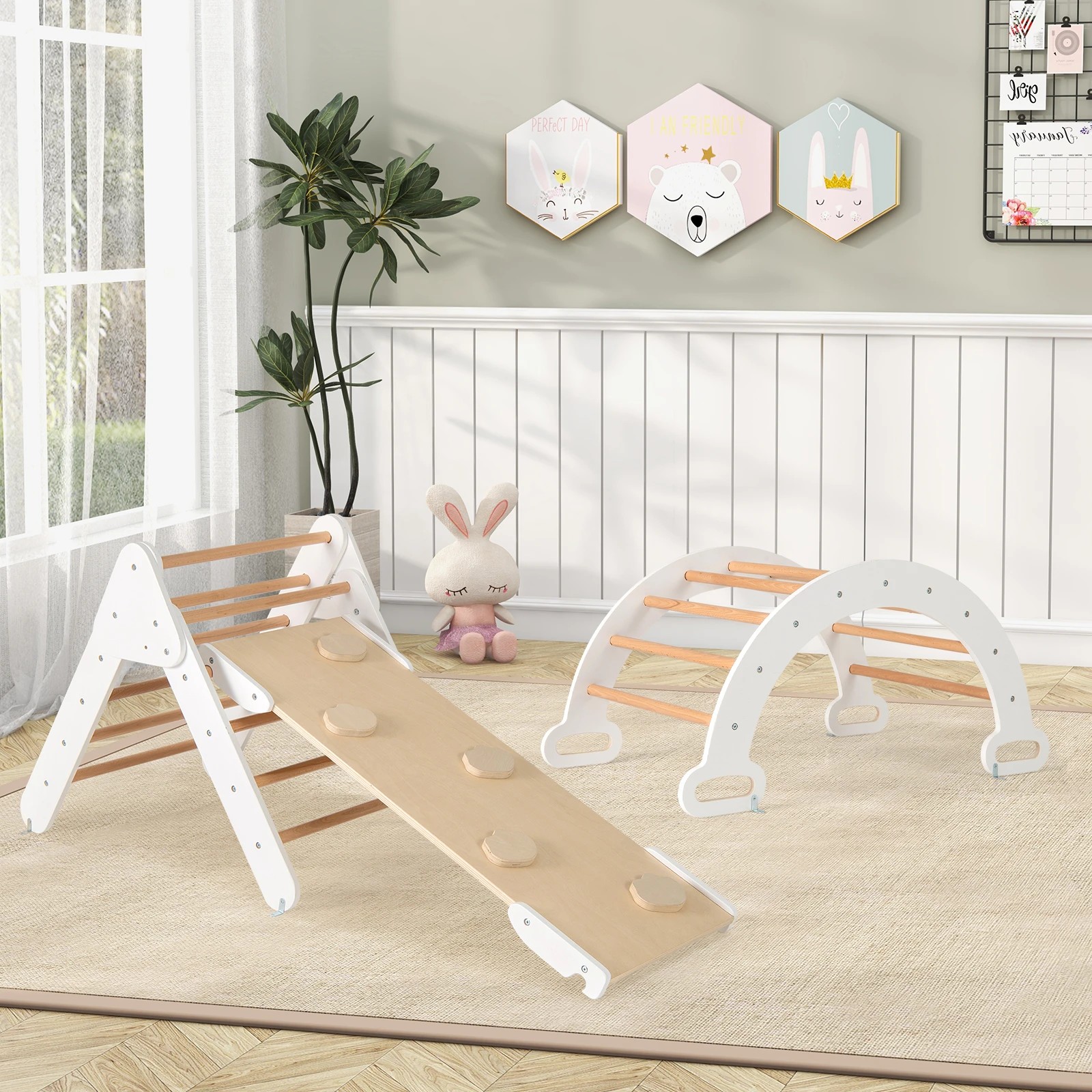 5 Costway Kids Climb Playset Wood Climbing Frame Rocking Arch Slide, 5 of 6