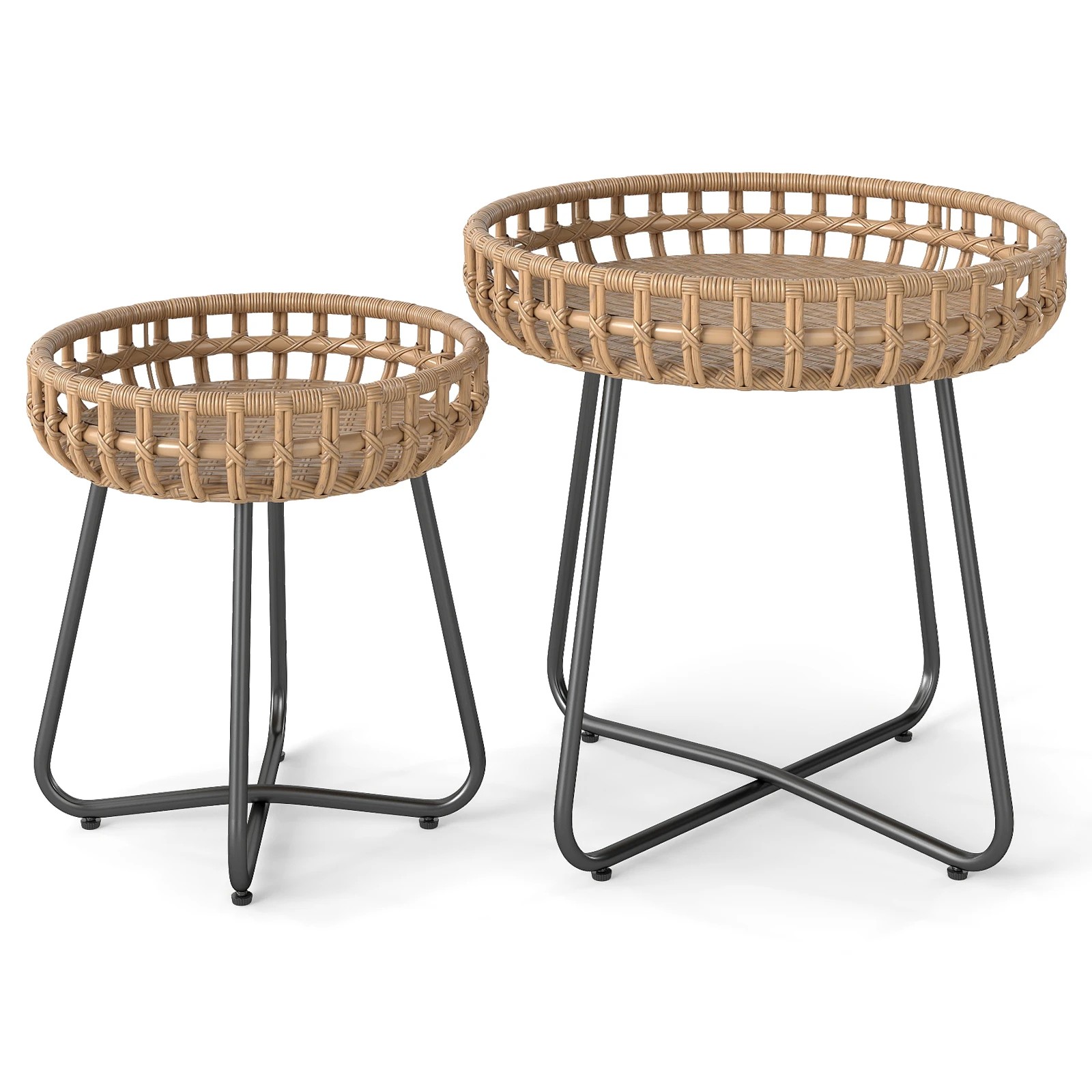 1 Costway Outdoor Round Side Table Set of 2 Patio PE Wicker Tables - Brown, 1 of 1