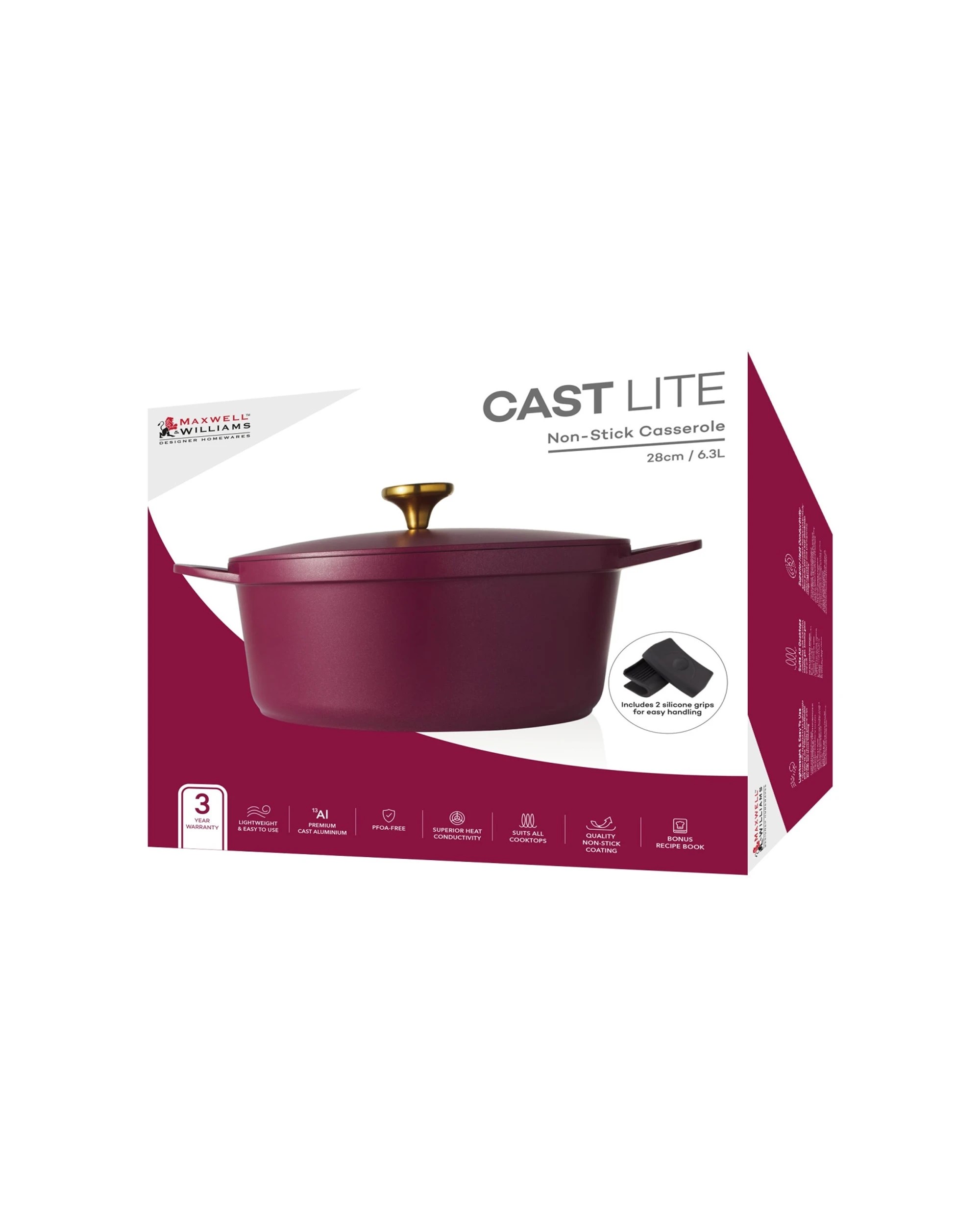 4 Maxwell & Williams Cast Lite Non-Stick Casserole Pan 28cm/6.3L Cherry - Red, 4 of 4
