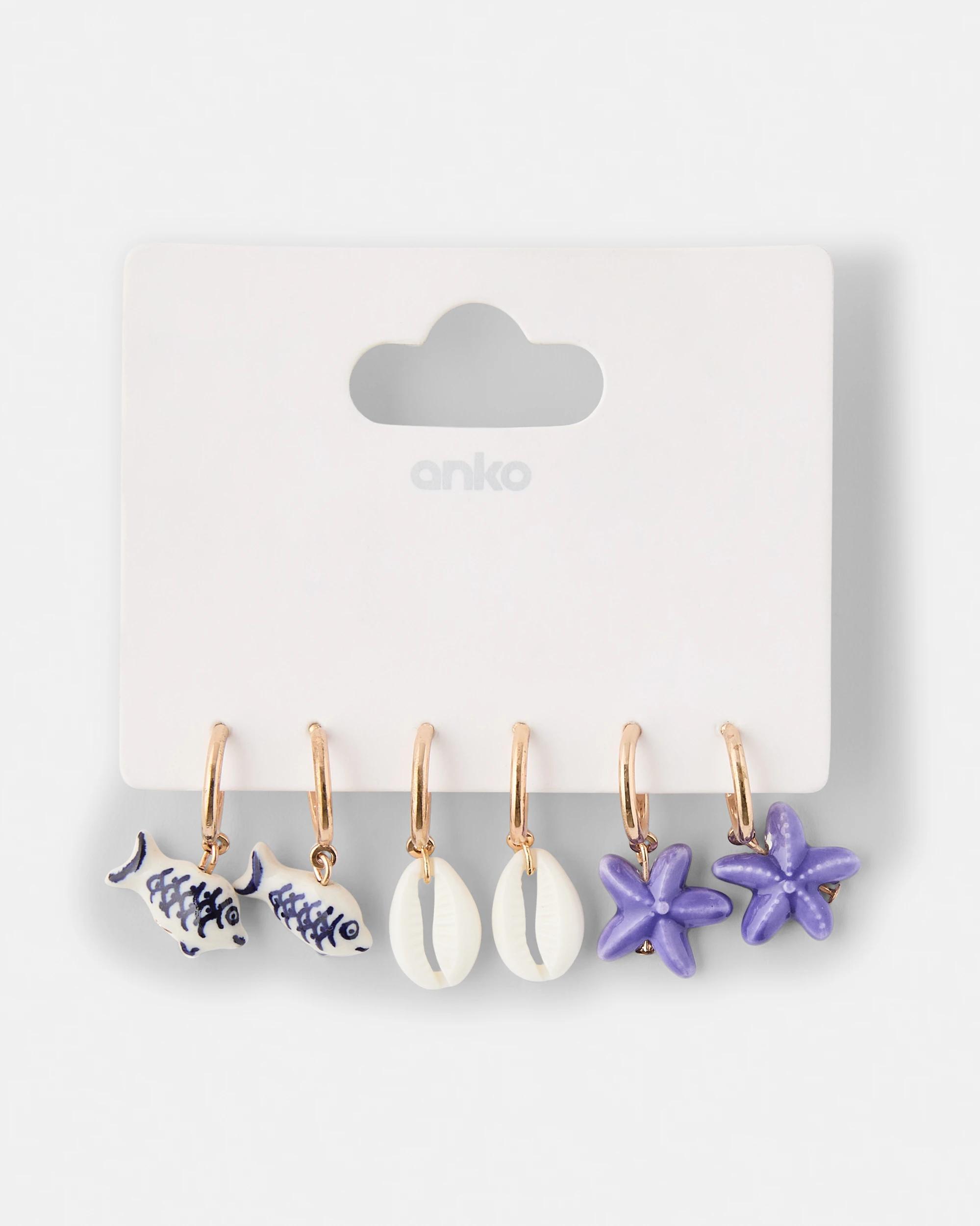 5 3 Pack Fish Hoop Earrings - Blue, White and Gold Tone Gold, 5 of 5