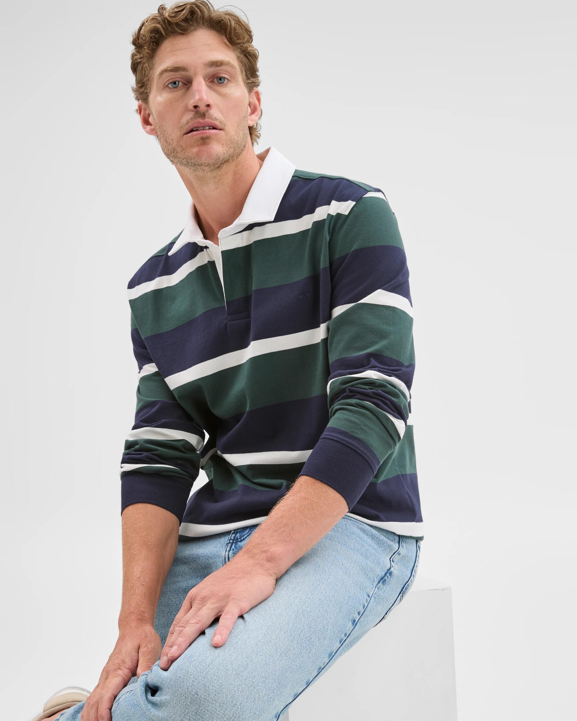 1 Target Man Australian Cotton Long Sleeve Rugby Polo Top NAVY GREEN STRIPE, 1 of 8