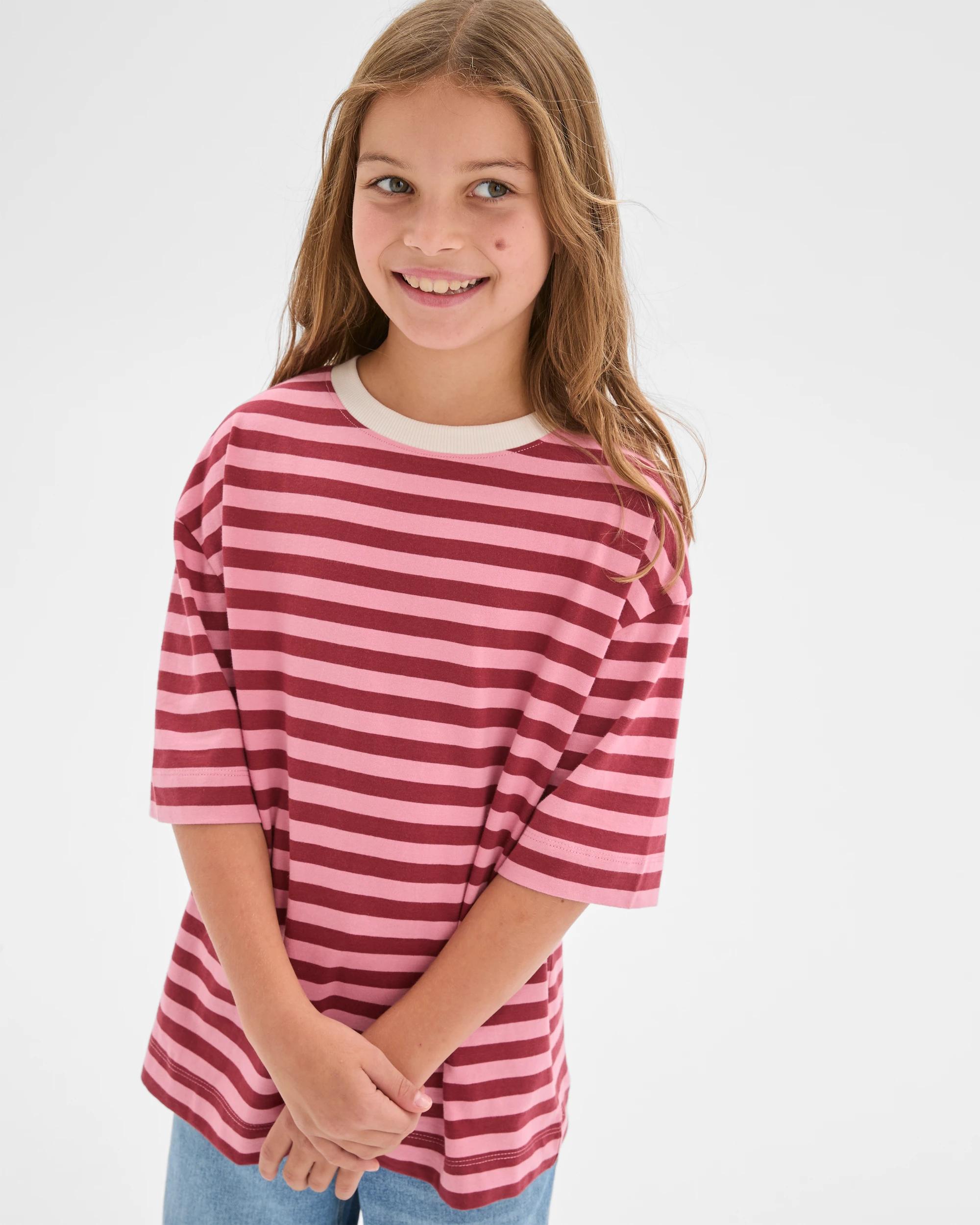 3 Target Kids Australian Cotton Oversized T-Shirt PINK BURGUNDY STRIPE, 3 of 6