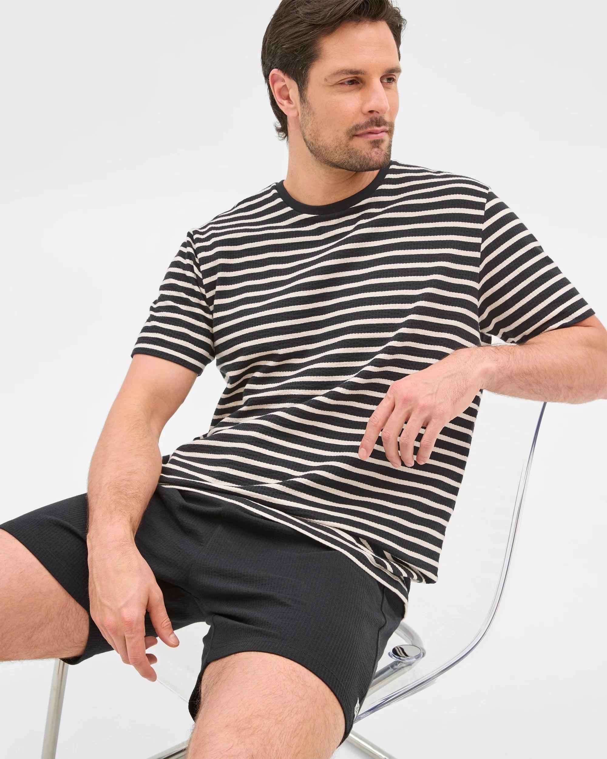 7 Mens Australian Cotton Blend Stripe/Seeersucker Short Pyjama Set - Maxx BLACK/PUMICE STONE STRIPE, 7 of 7