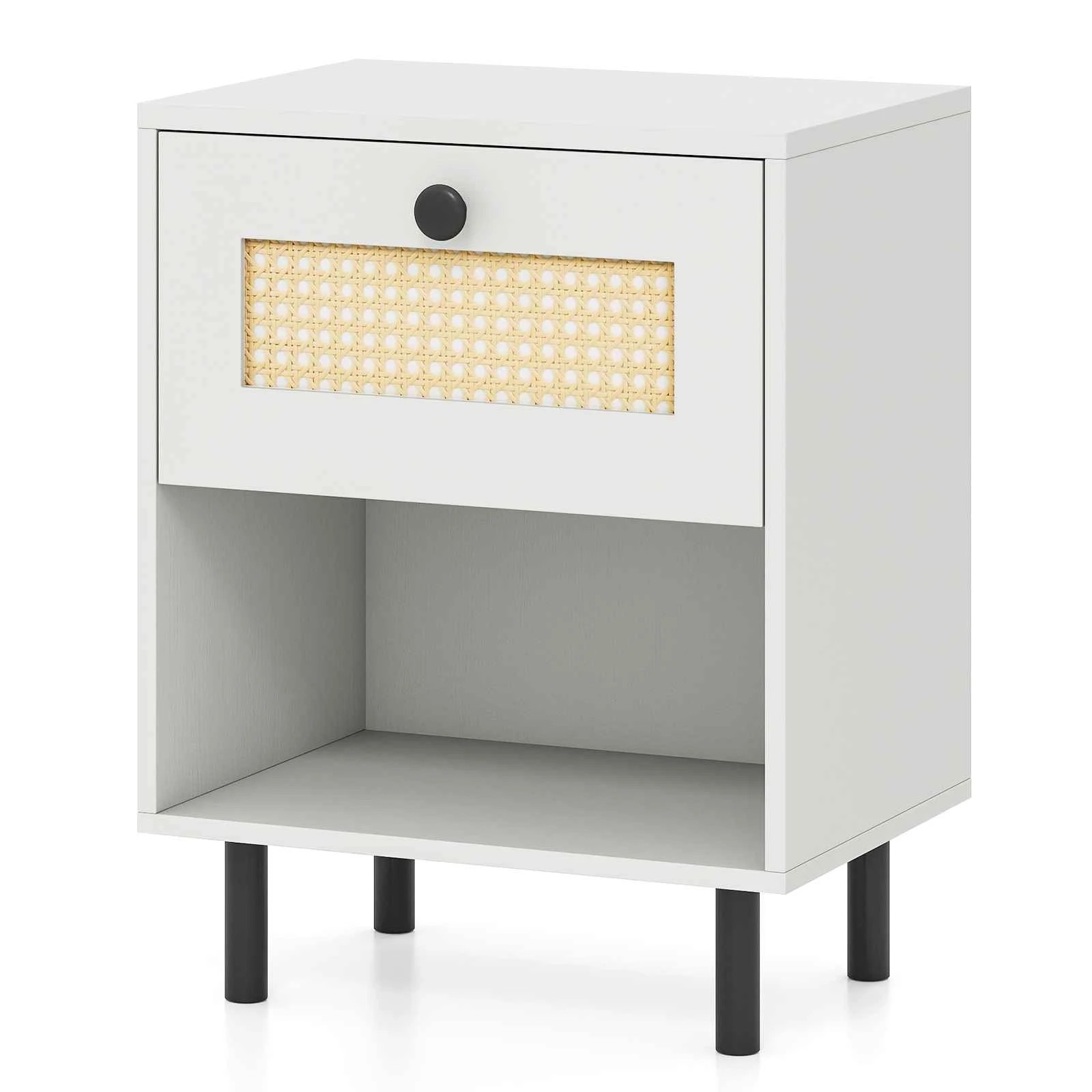 1 Costway Rattan Nightstand Boho Bedside Table Sofa Side Accent End Table Drawer Open Storage Shelf Metal Legs, 1 of 6