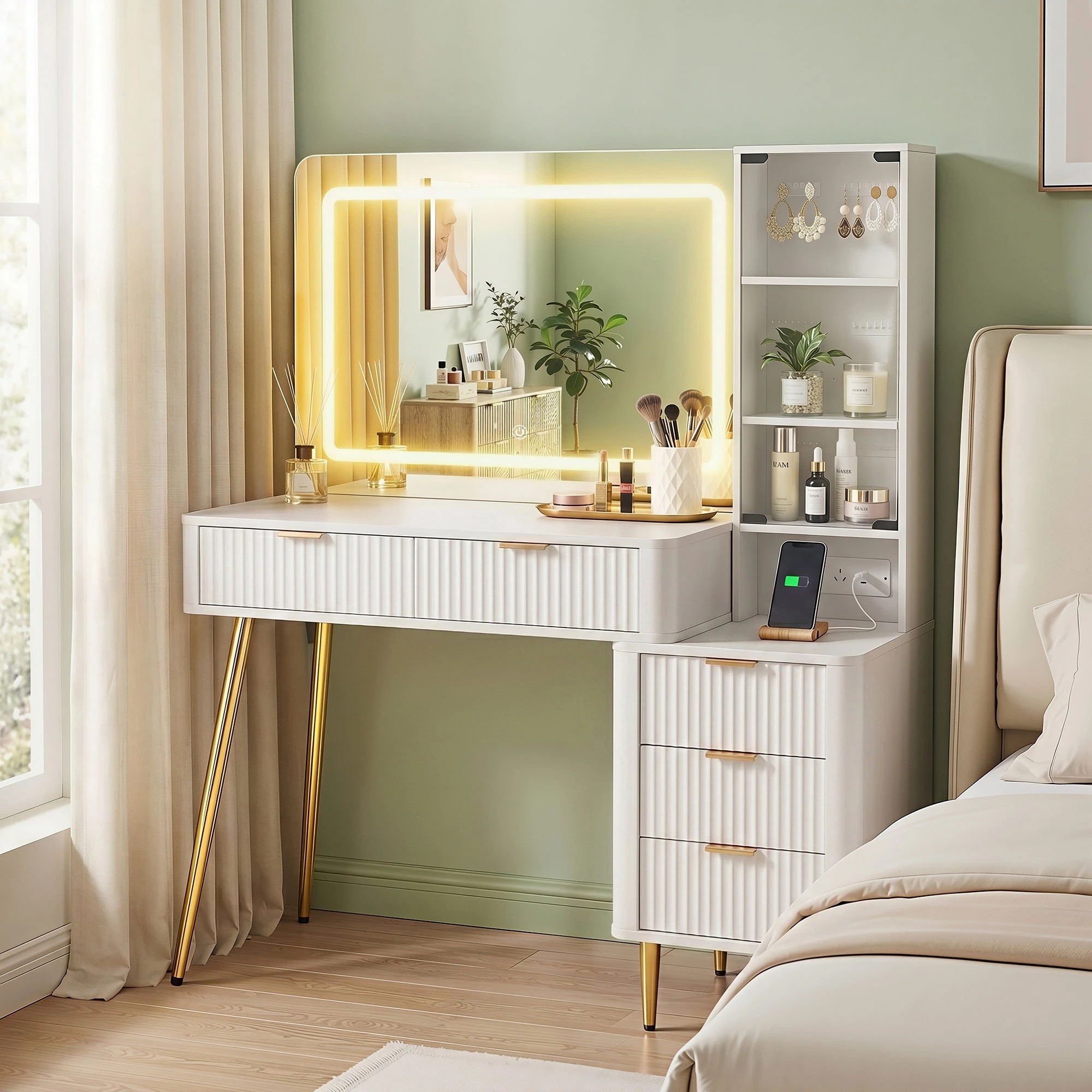 8 Artiss Dressing Table LED Mirror Vanity Desk Power Outlet Fluted Drawer - White, 8 of 9