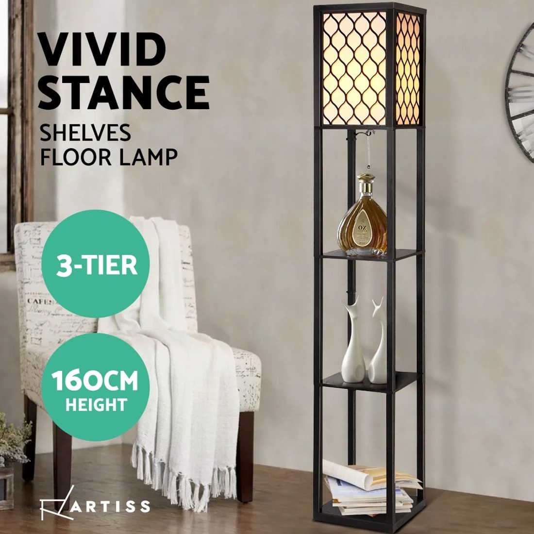 4 Artiss Floor Lamp 3 Tier Shelf Storage LED Light Stand Home Room Pattern - Black, 4 of 8