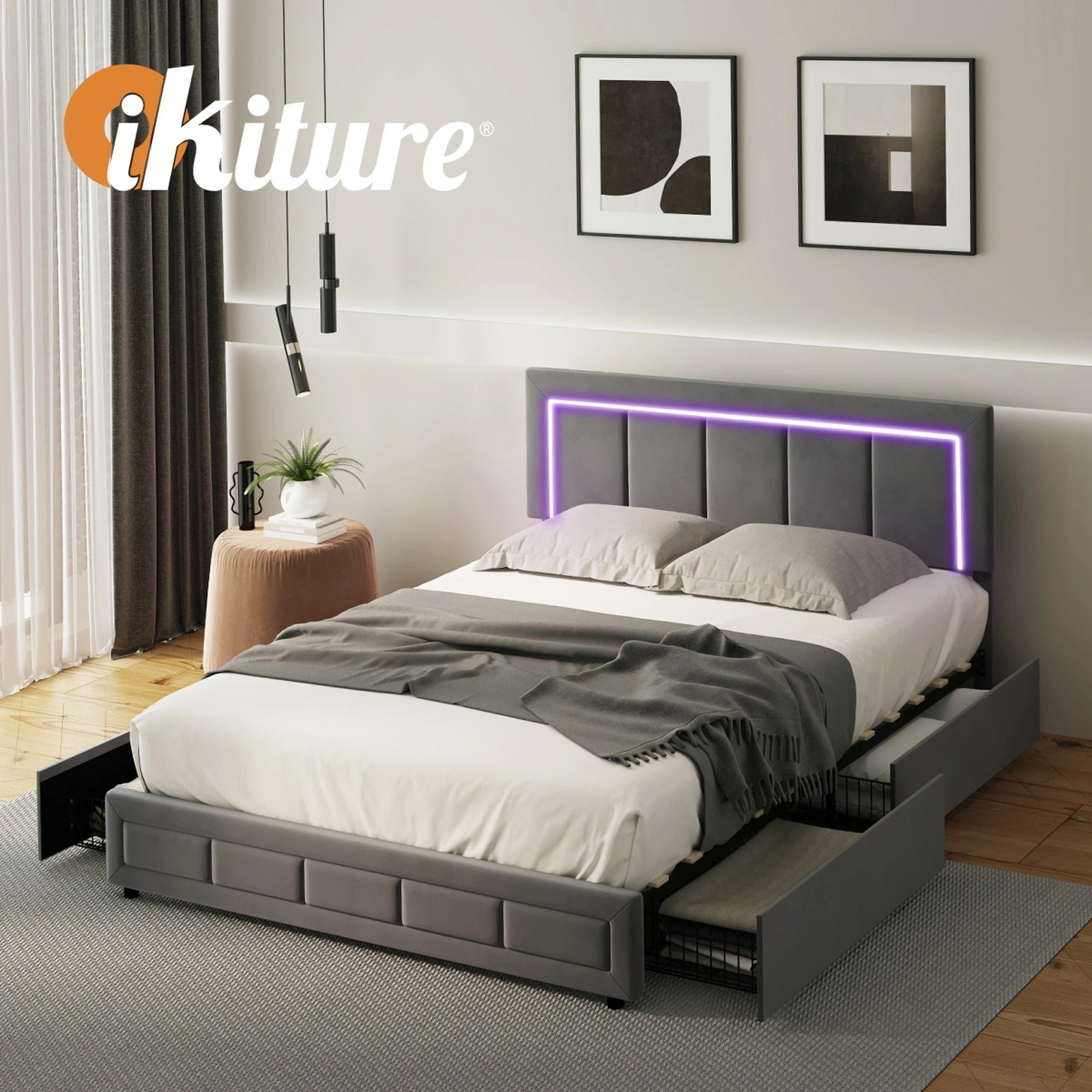 8 Oikiture LED Queen Bed Frame With 4 Storage Drawers & Charging Station - Grey, 8 of 9