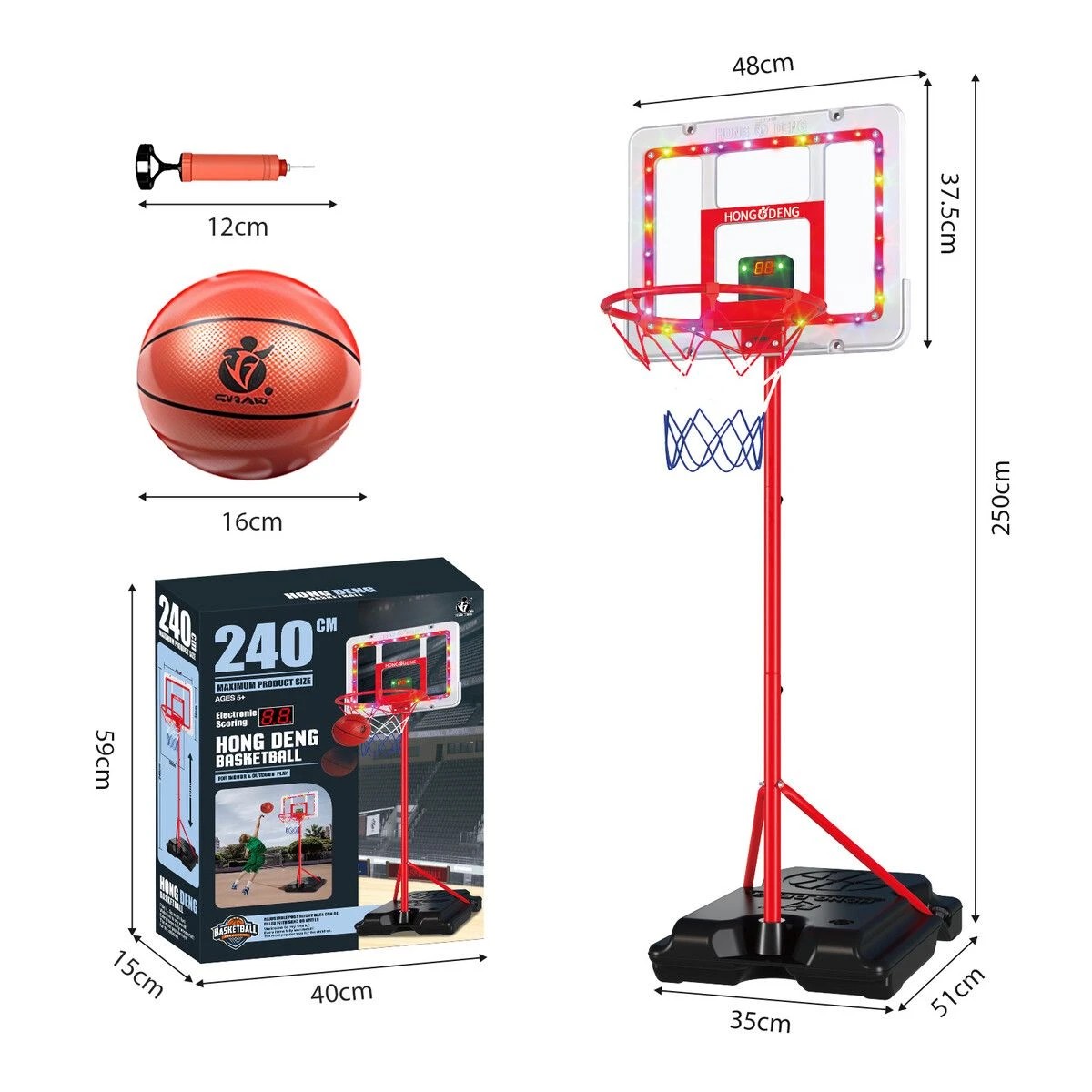 2 AUSWAY 1.2m-2.5m Portable Outdoor Basketball Hoop Stand System LED Backboard, 2 of 4