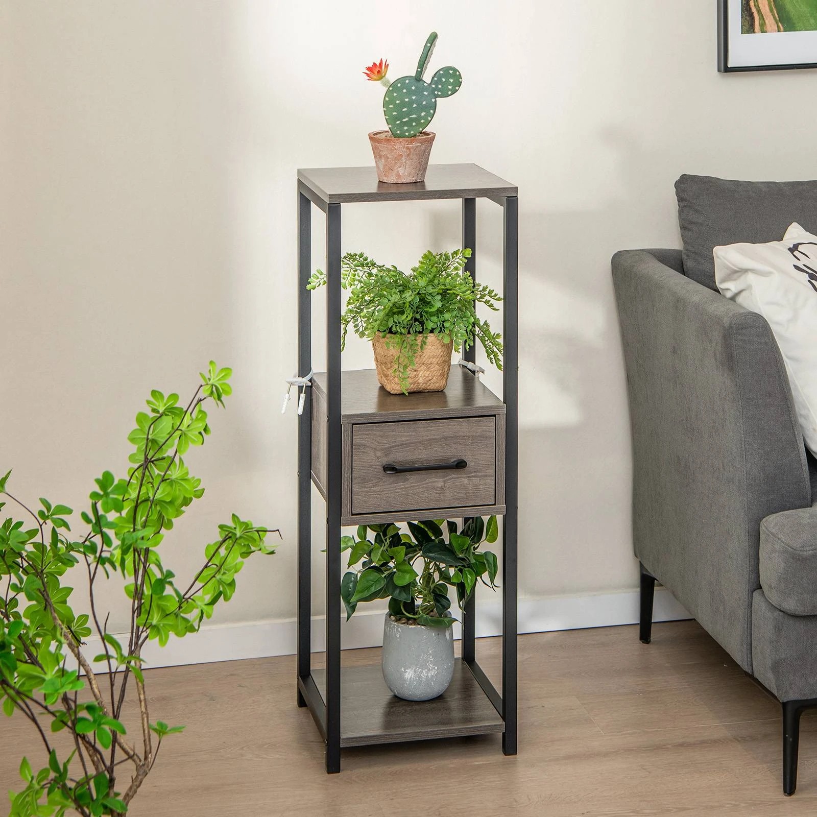 2 Costway 3-Tier Flower Dislay Shelf Metal Plant Stand Display Holder Bookshelf w/Drawer, 2 of 3