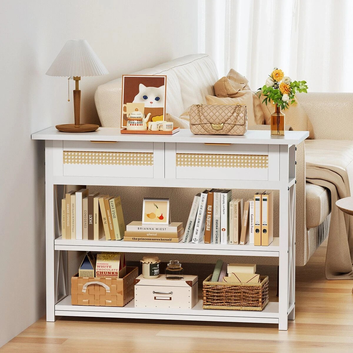 2 LUXSUITE Console Table with Rattan Drawers Lamp White, 2 of 5