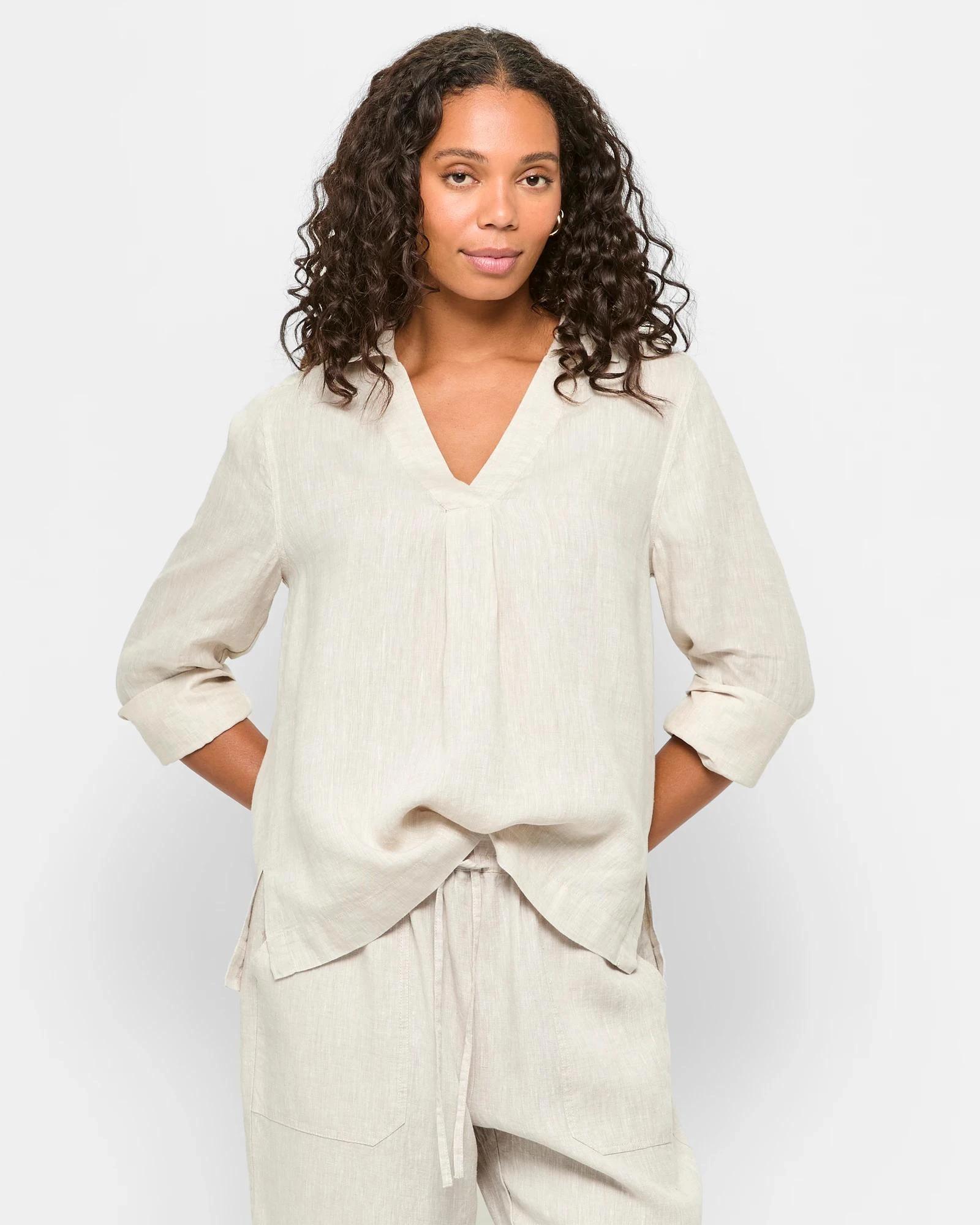 1 Target Woman European Linen 3/4 Sleeve Popover Shirt FLAX, 1 of 5