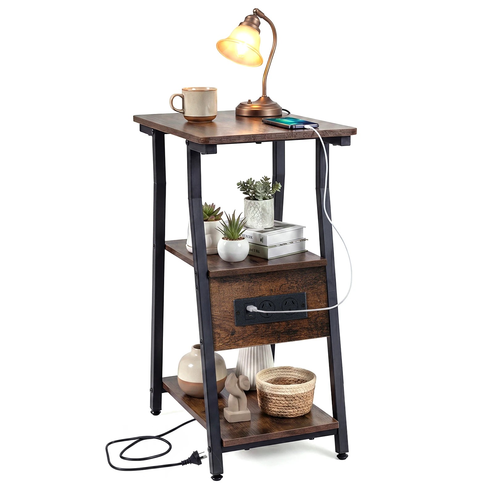 5 Costway 3-Tier Side Table w/Charging Station Industrial Sofa Couch Table, 5 of 5