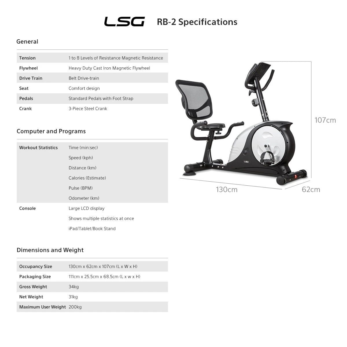10 LSG Fitness RB-2 Recumbent bike - Black, 10 of 10