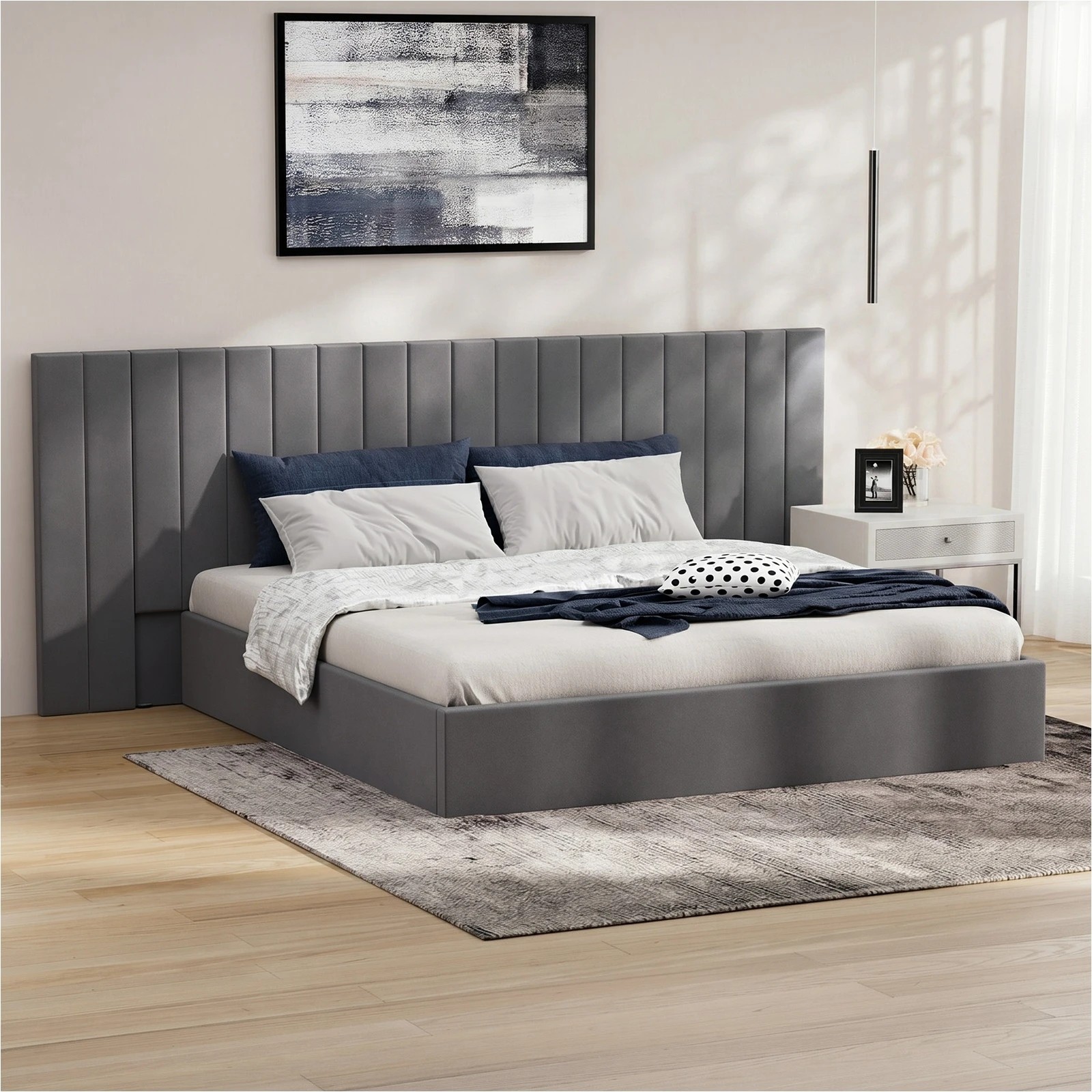 3 Oikiture King Bed Frame Gas Lift Base With Storage Oversized Headboard - Grey, 3 of 7