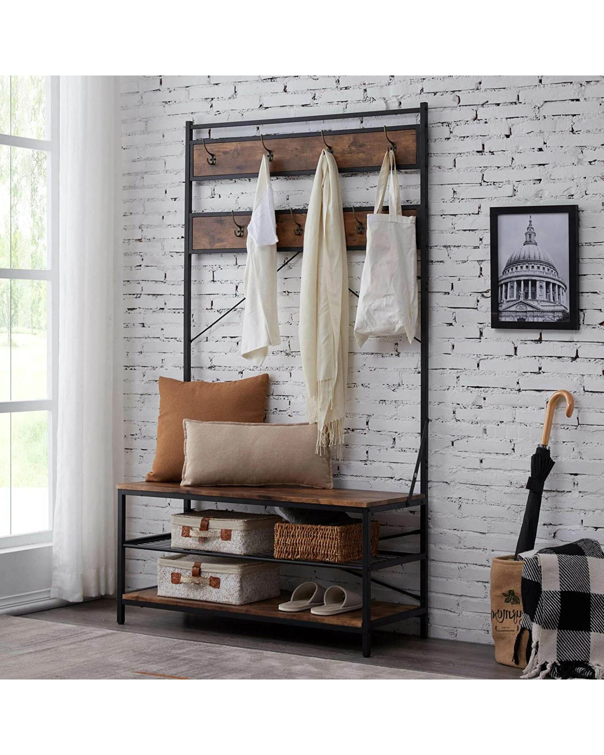 2 IHOMDEC 3 Tier Coat Shoe Rack - Brown, 2 of 4