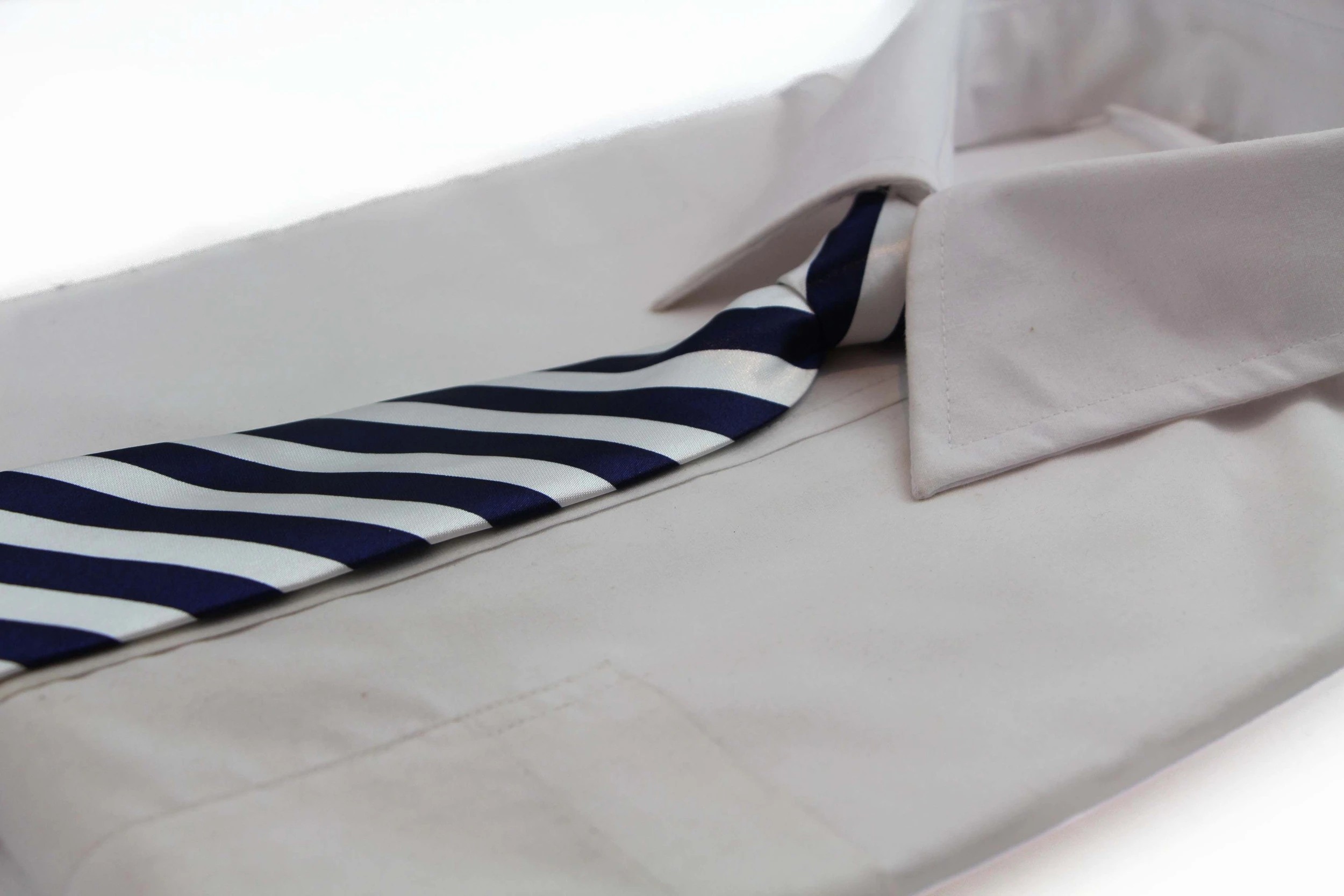 3 Zasel Kids Boys Navy & White Patterned Elastic Neck Tie - Diagonal Stripe - White, 3 of 3