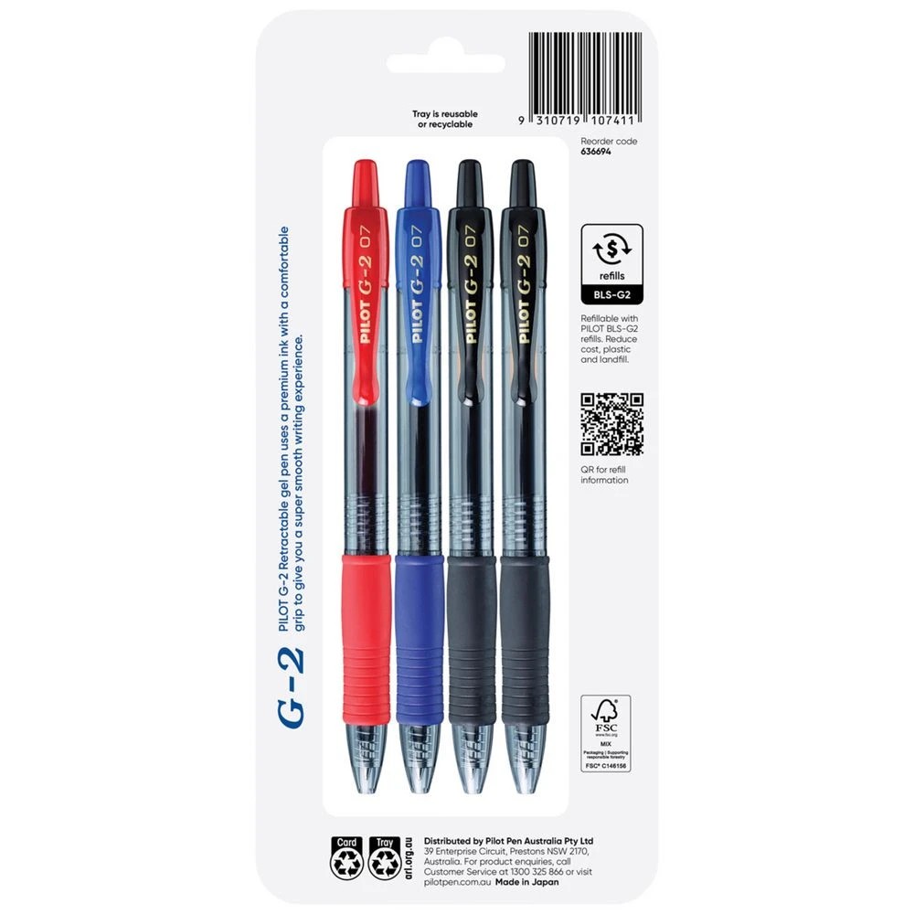2 PILOT G2 Retractable Gel Pen Fine 0.7mm Assorted 4Pk, 2 of 7