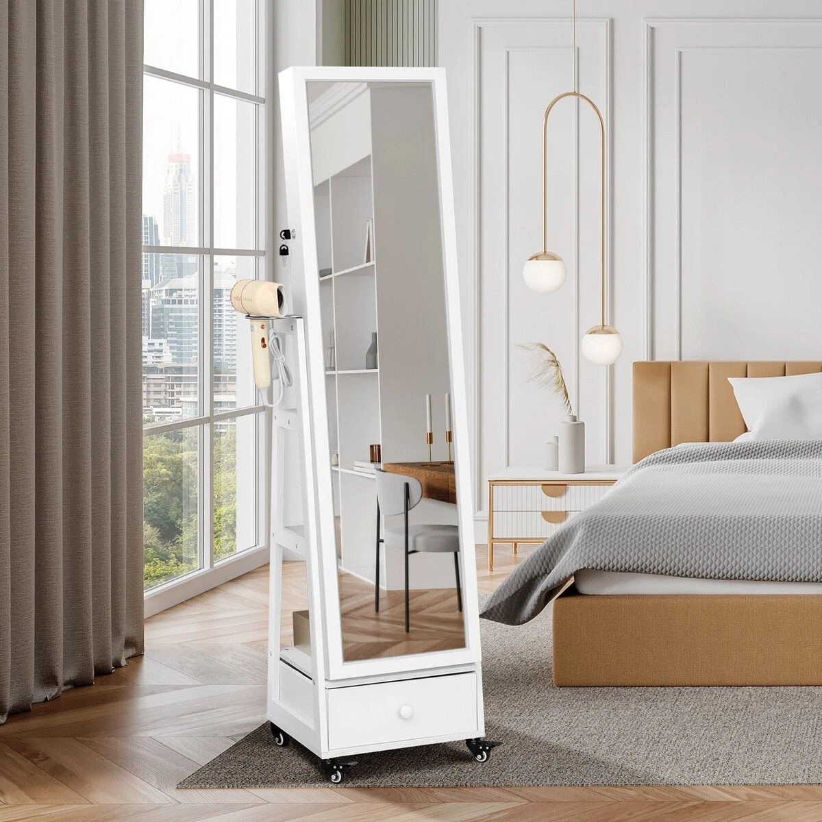 2 Ausway Full Length Floor Mirror Jewellery Cabinet Armoire Organiser Storage Shelf Free Standing Box Vanity - White, 2 of 6