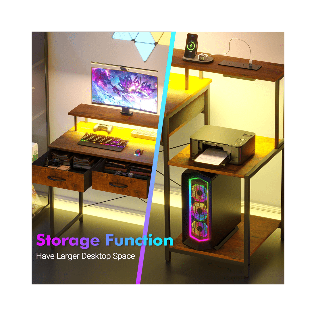 8 Advwin Gaming Desk With Led Lights Power Outlets Reversible Printer Storage Shelf 120cm Walnut, 8 of 10