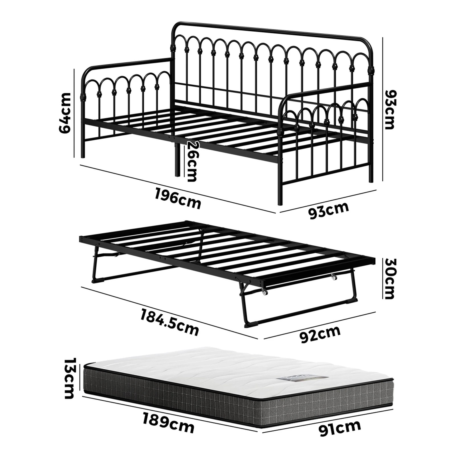 2 Oikiture Trundle Bed Frame Daybed Single Size Metal Base with Mattress x2 - Black, 2 of 10