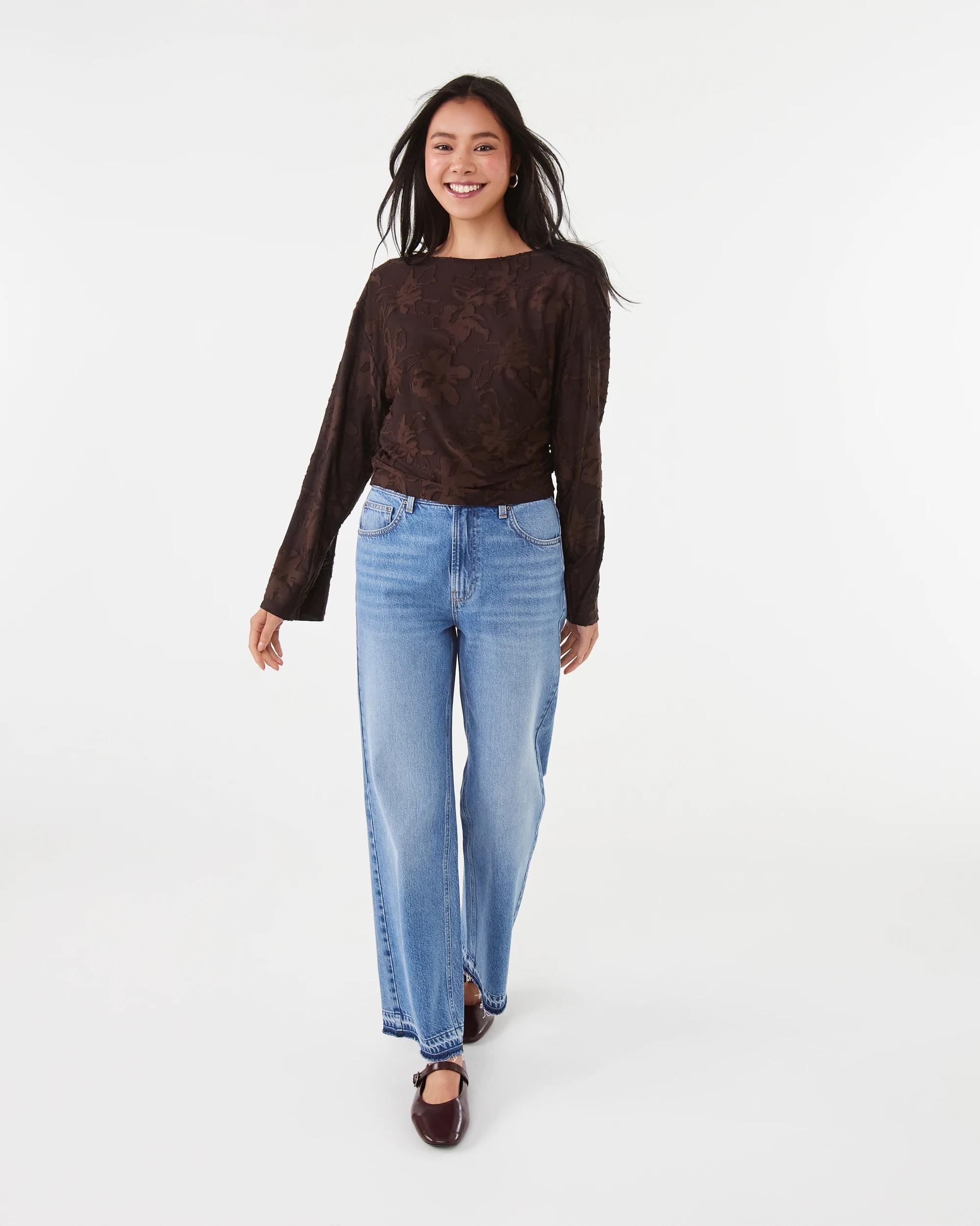 2 Long Sleeve Jacquard Top Melt Brown, 2 of 7