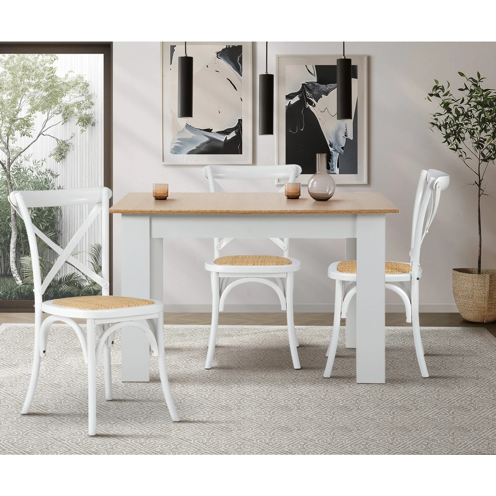 3 Oikiture 4PCS Crossback Dining Chair Solid Birch Timber Wood Ratan Seat - White, 3 of 9