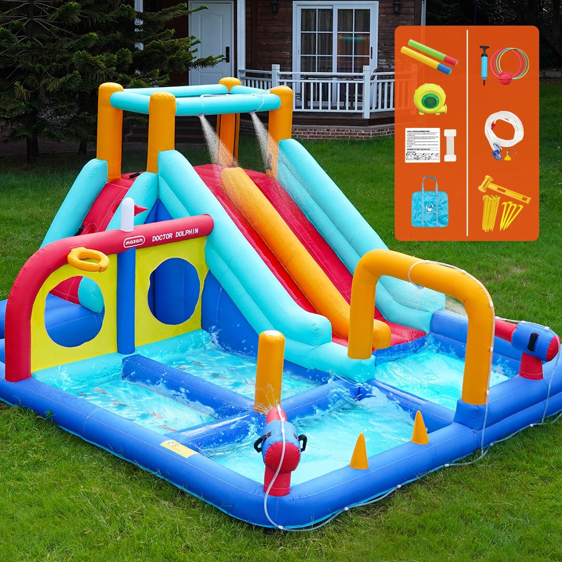 2 Doctor Dolphin 10-in-1 Inflatable Water Park Jumping Castle Dual Slides Blower
 - Multi, 2 of 10