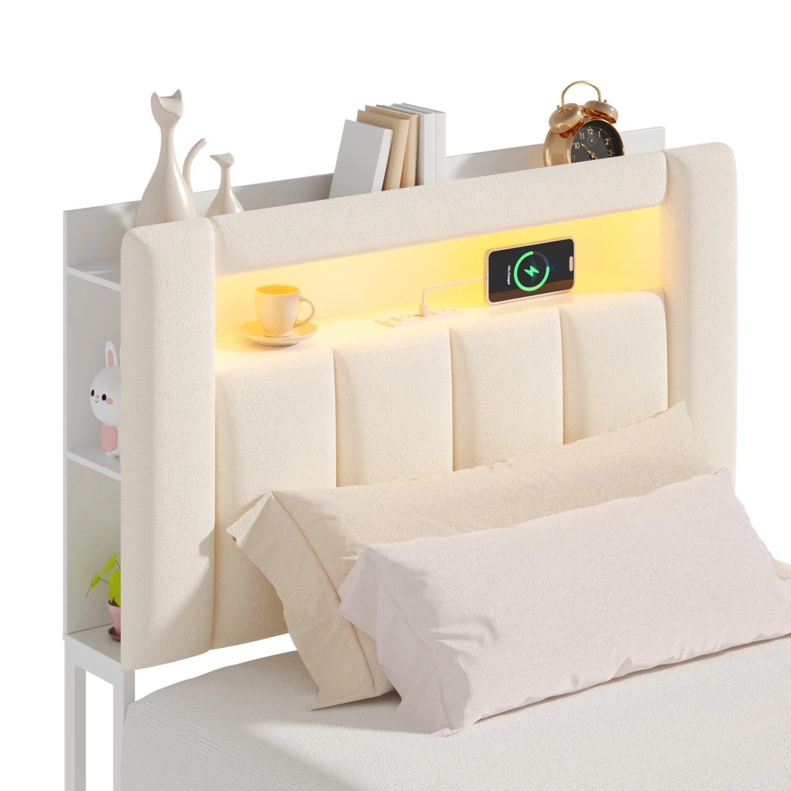 5 Advwin Kingsingle Bed Frame with LED Shelves and Charging Station - Beige, 5 of 7