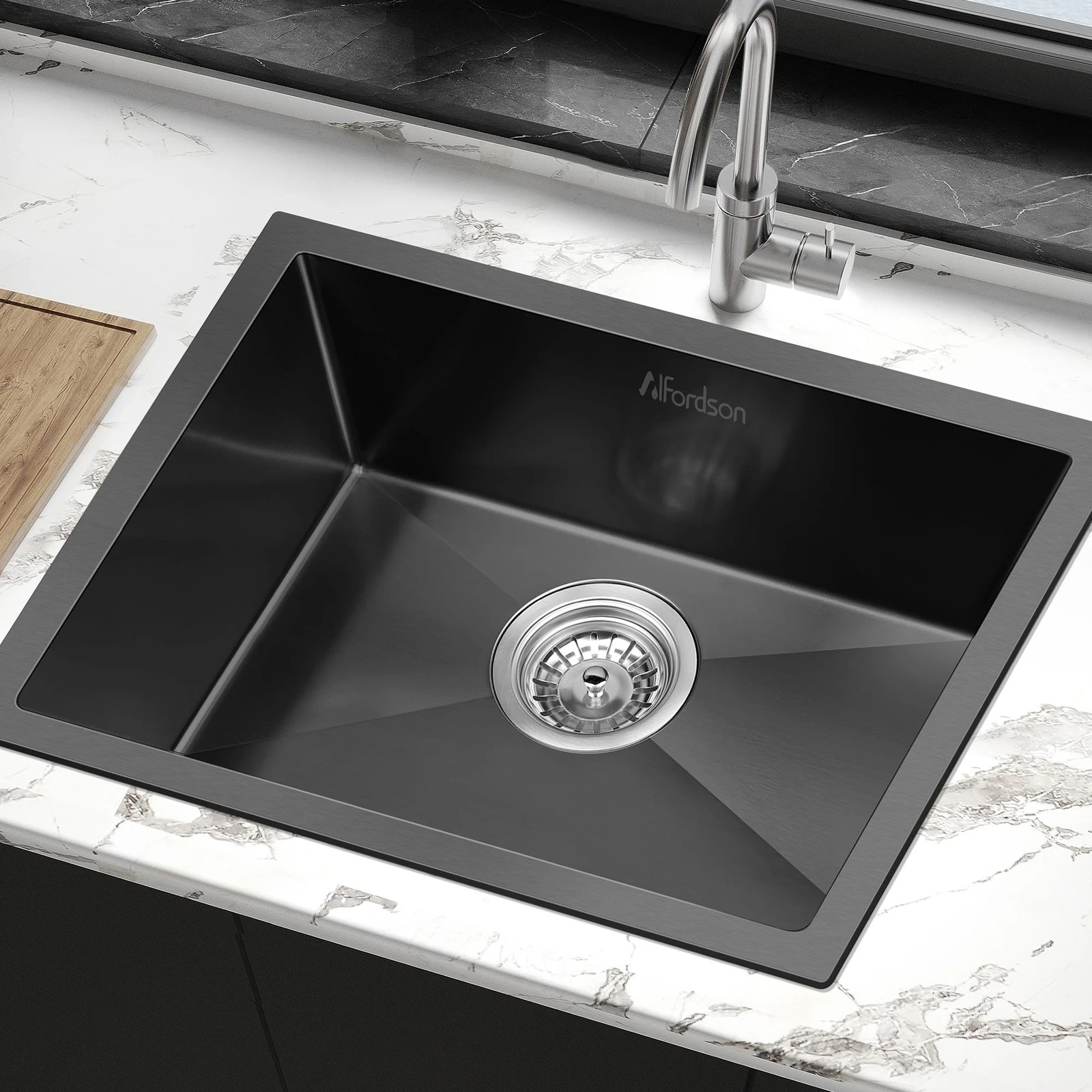 2 Alfordson Kitchen Sink 60x45cm Stainless Steel Basin Single Bowl - Black, 2 of 9