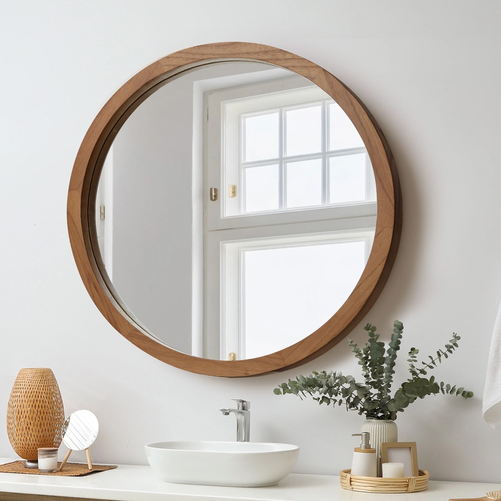 3 Oikiture Wall Mirrors 80cm Round Makeup Mirror Vanity Home Decor Frame - Brown, 3 of 7