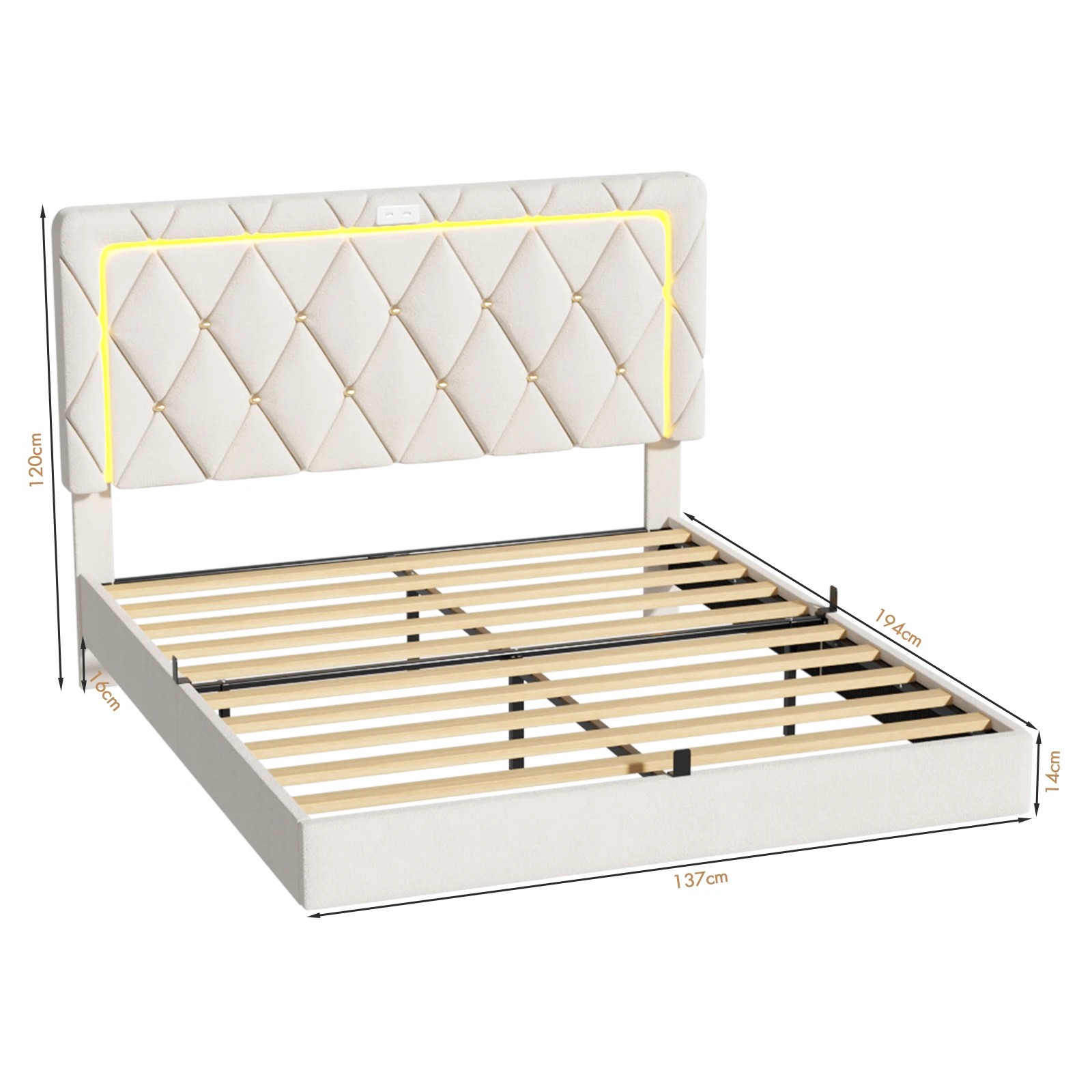 3 Advwin Double Velvet Button-Tufted Floating Bed Frame with LED and USB - Beige, 3 of 9