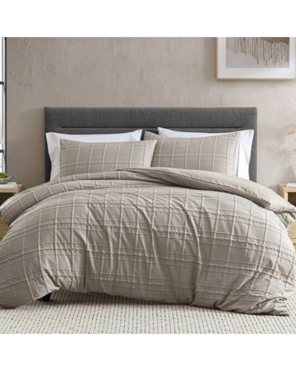Ardor Subtle Textured Check Leonard Quilt Bed Bedding Duvet Cover Set Mocha Queen - Brown
