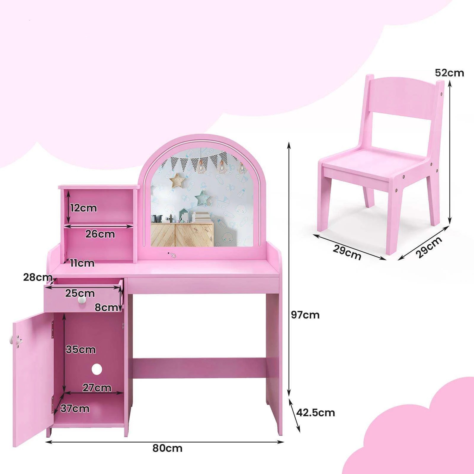 2 Costway Vanity Table & Chair Set Princess Makeup Dressing Table w/2-Color LED Lights - Pink, 2 of 4