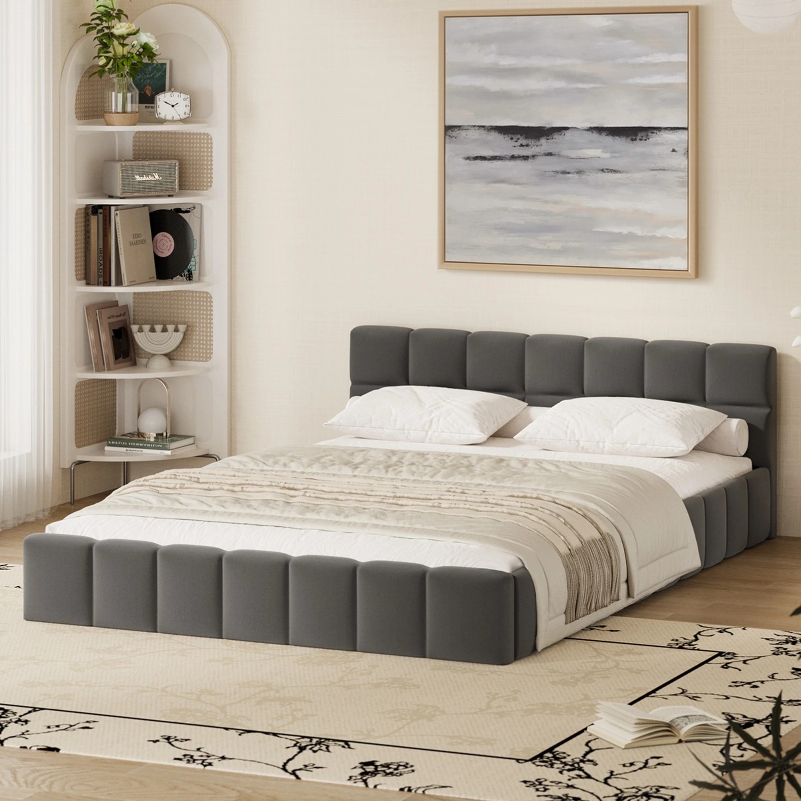 3 Oikiture Bed Frame Double Size Tufted Headboard Velvet - Grey, 3 of 7